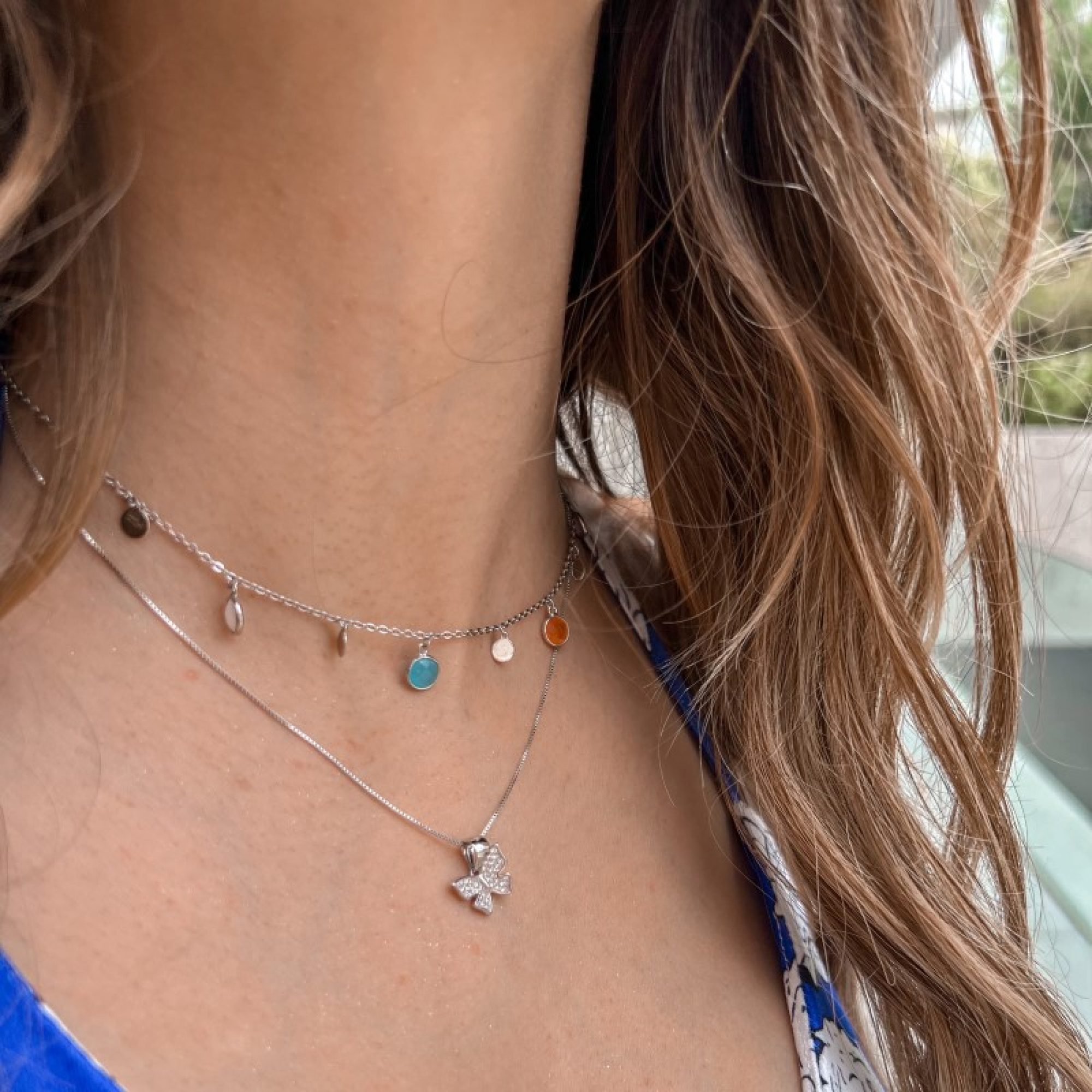 Silver necklace with coloured stones