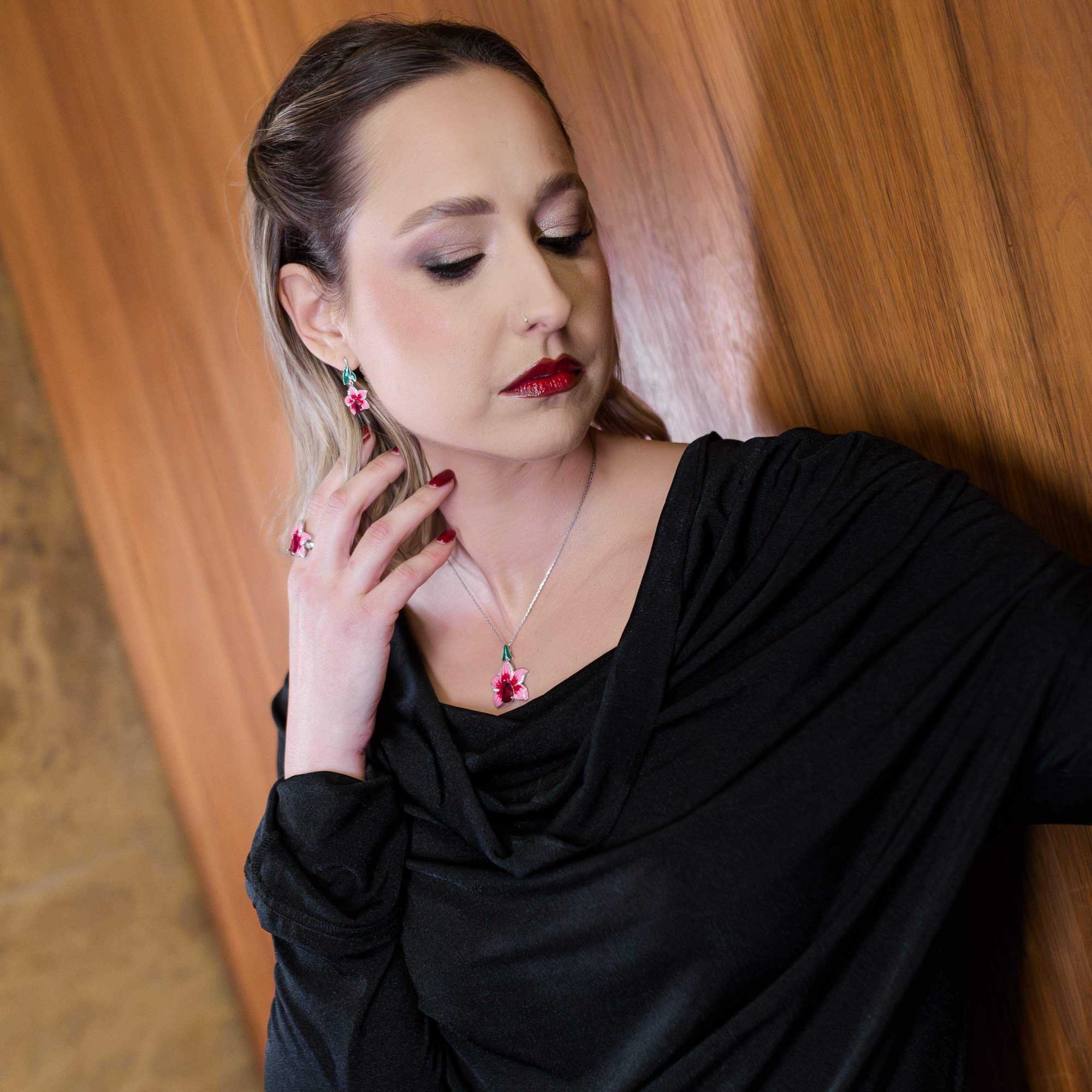 Set with enamel, ruby and zircon stones
