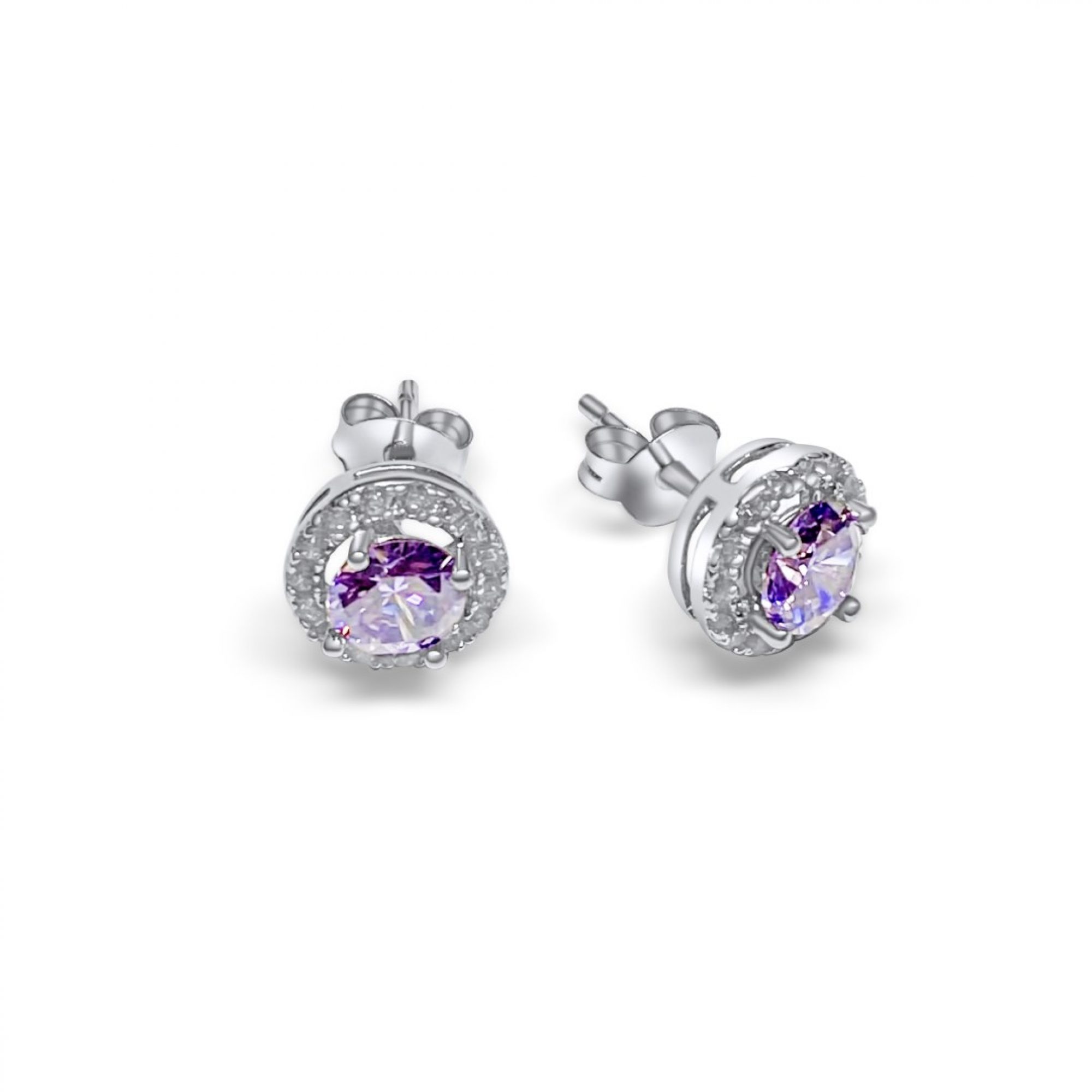 Silver stud earrings with amethyst and zircon stones