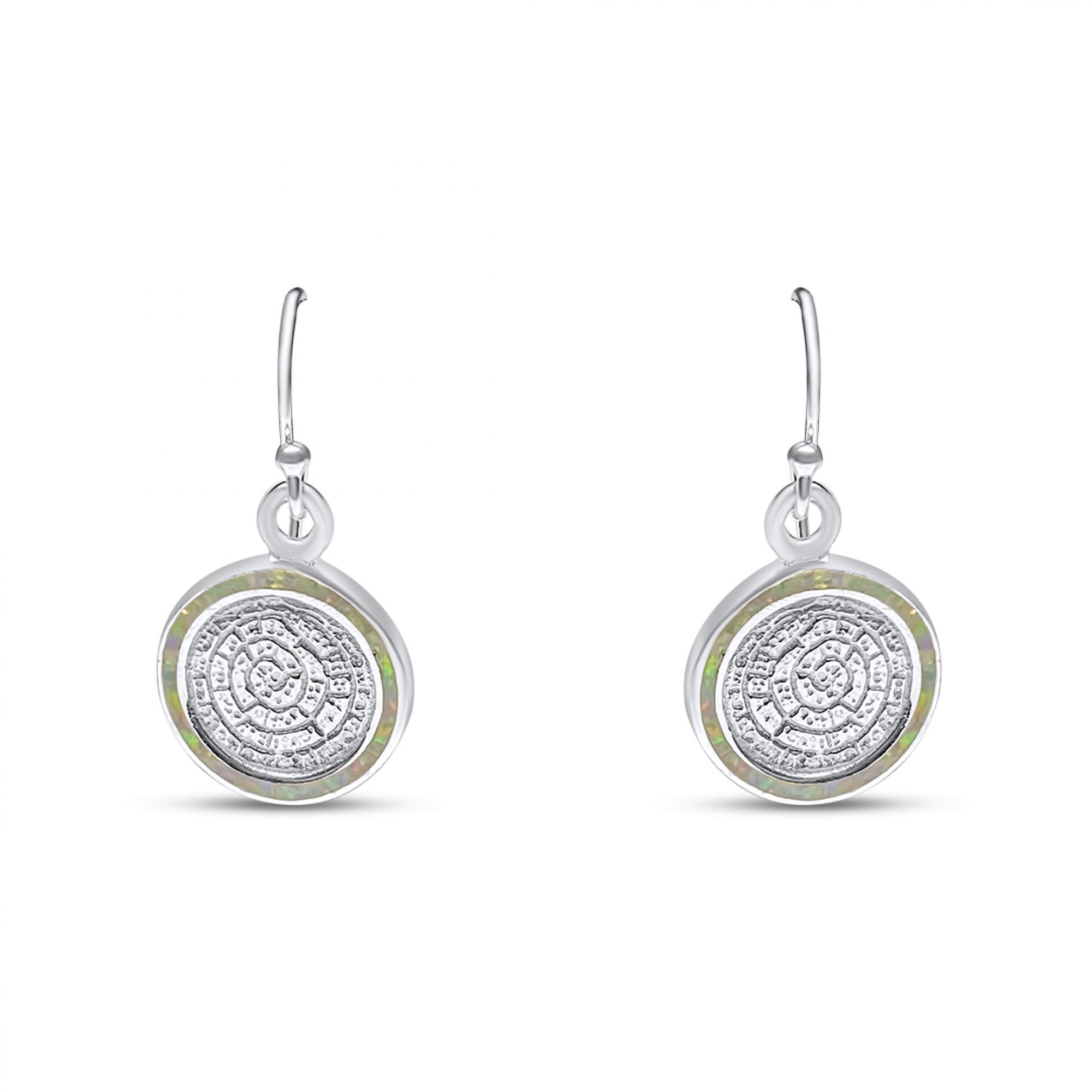 Σκουλαρίκια δίσκος της Φαιστού κρεμαστά με λευκό όπαλ