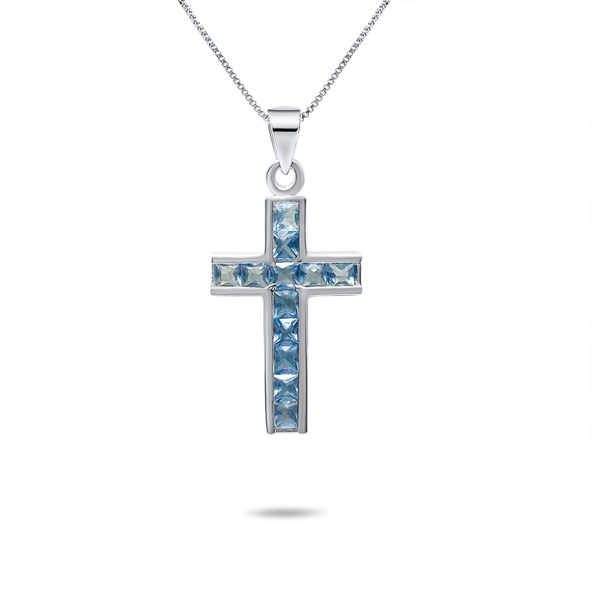 Cross necklace with aquamarine stones