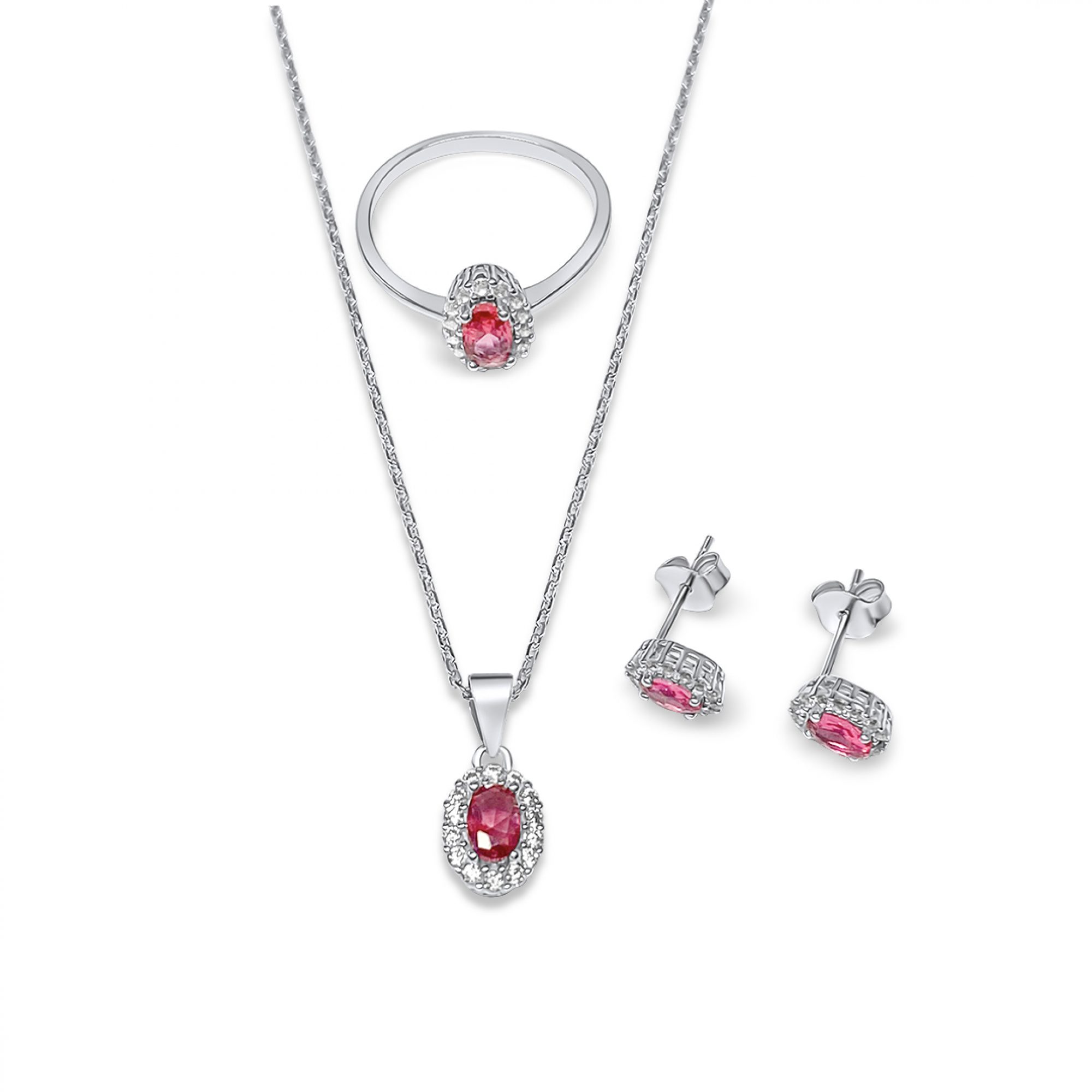 Σετ κολιέ, δαχτυλίδι και σκουλαρίκια καρφωτά με πέτρες ζιργκόν και ρουμπίνι