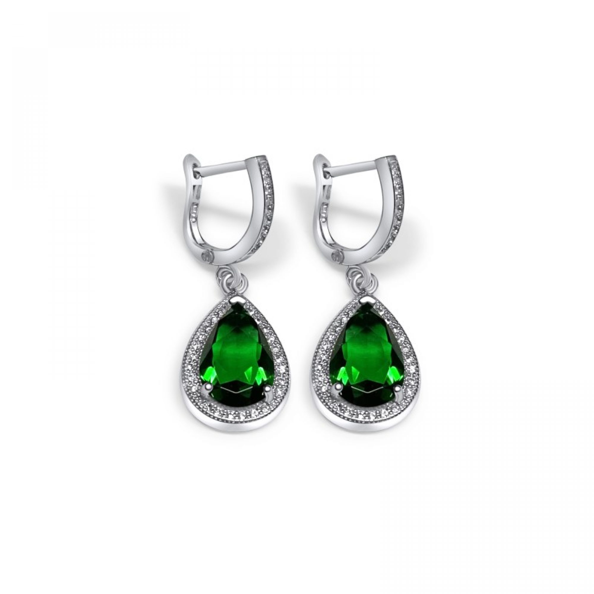 Silver earrings with emerald and zircon stones