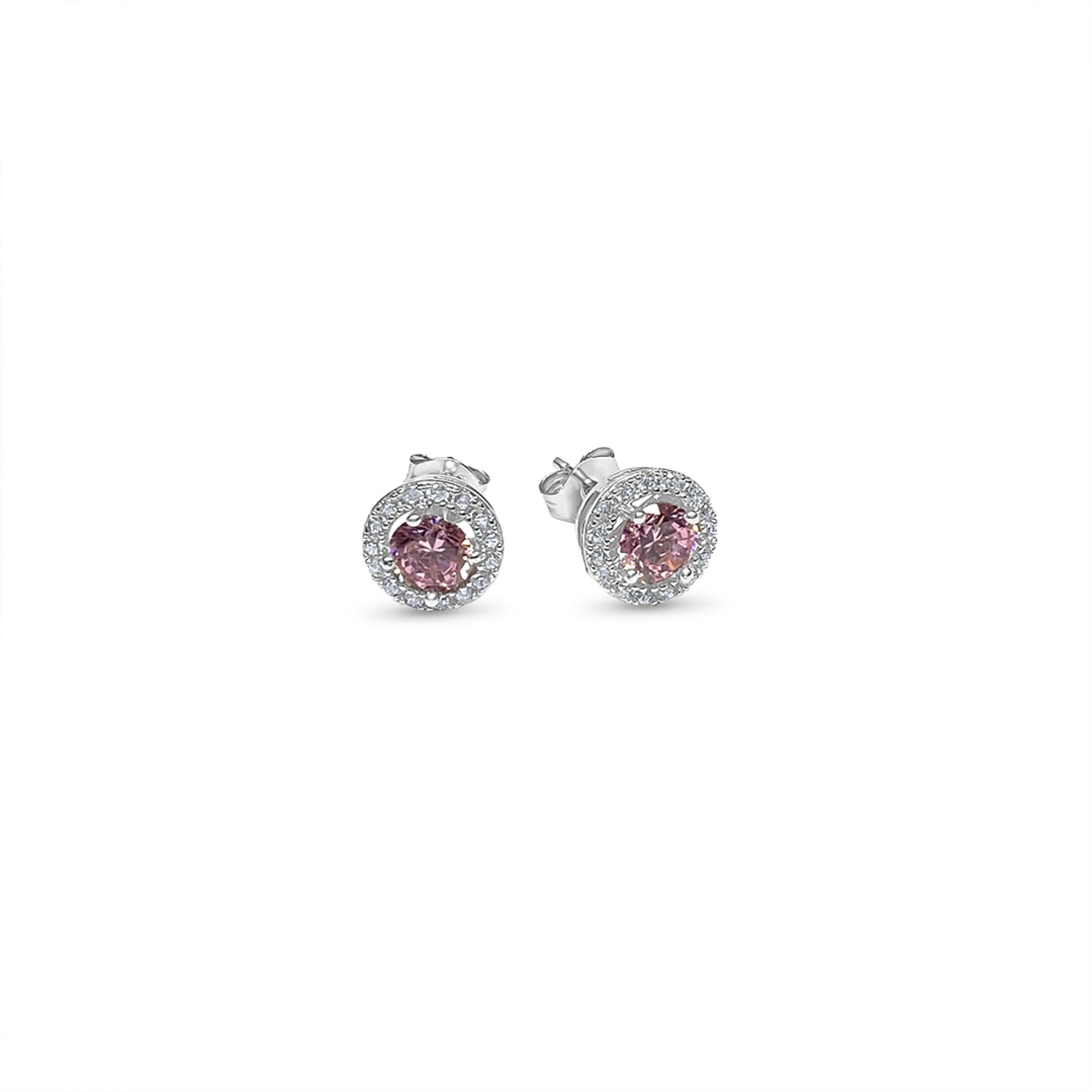 Silver stud earrings with pink quartz and zircon stones