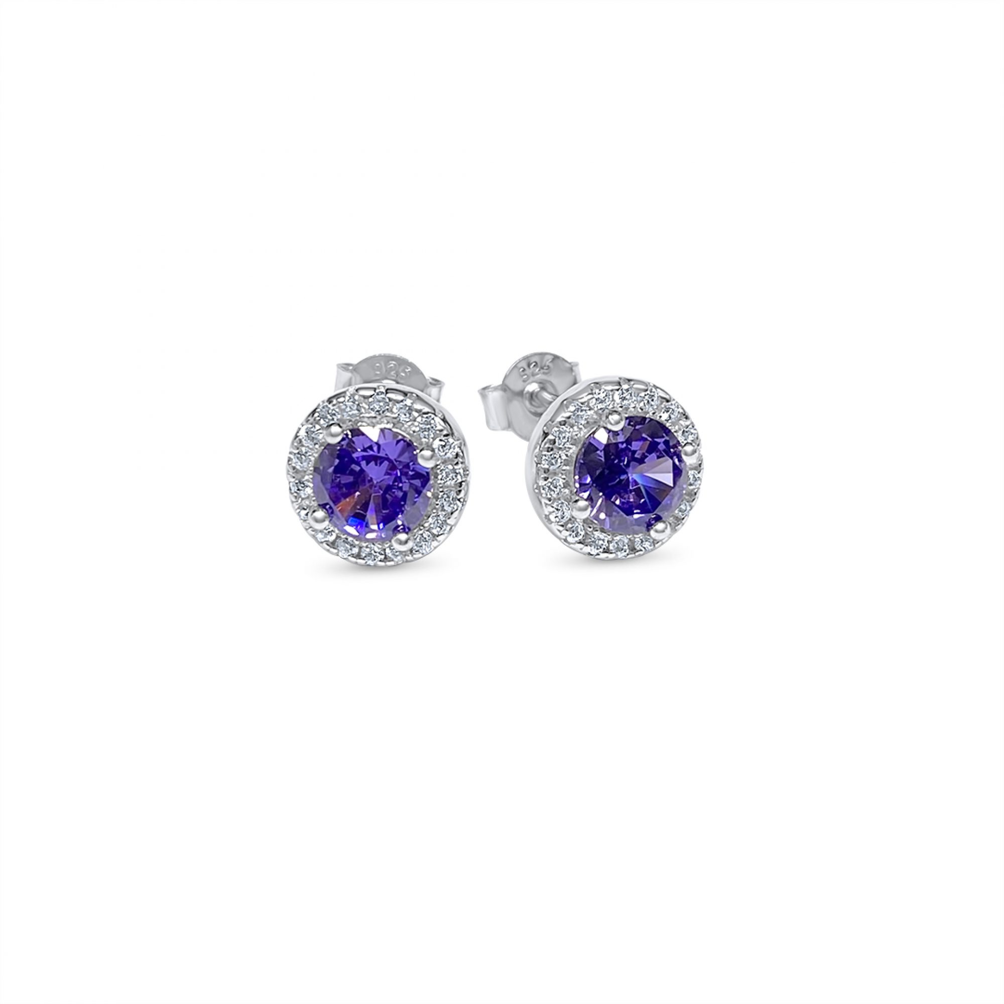 Silver stud earrings with amethyst and zircon stones