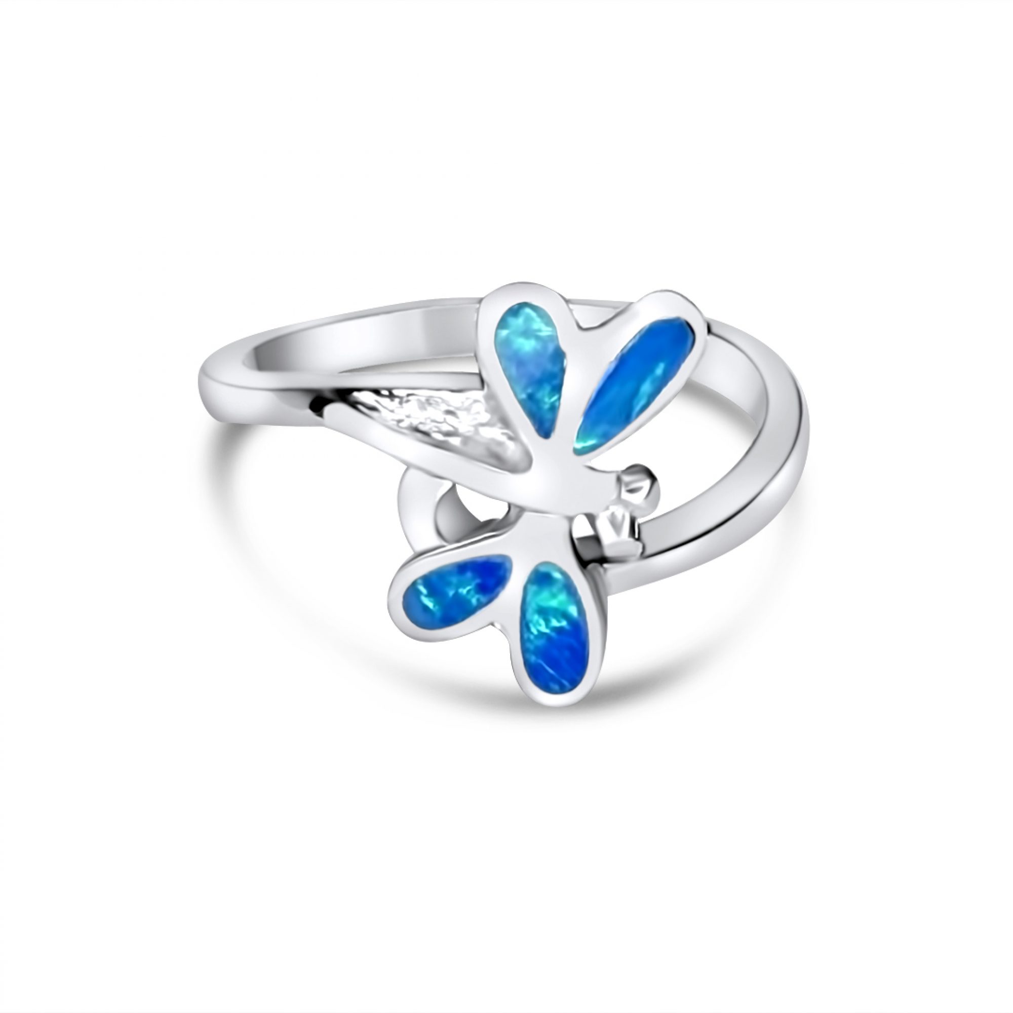Silver dragonfly ring with opal stones