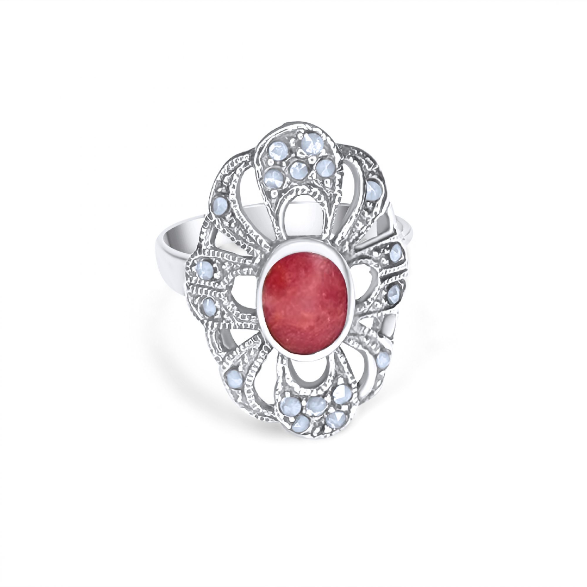 Δαχτυλίδι με πέτρα κοράλι και μαρκασίτες