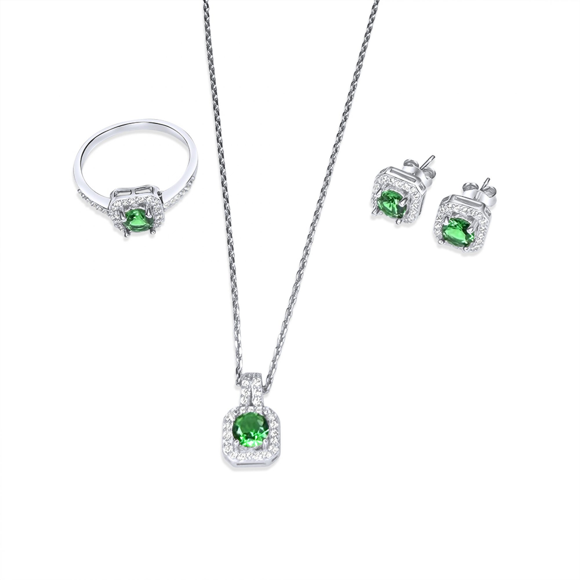 Σετ κολιέ, δαχτυλίδι και σκουλαρίκια καρφωτά με πέτρες ζιργκόν και σμαράγδι