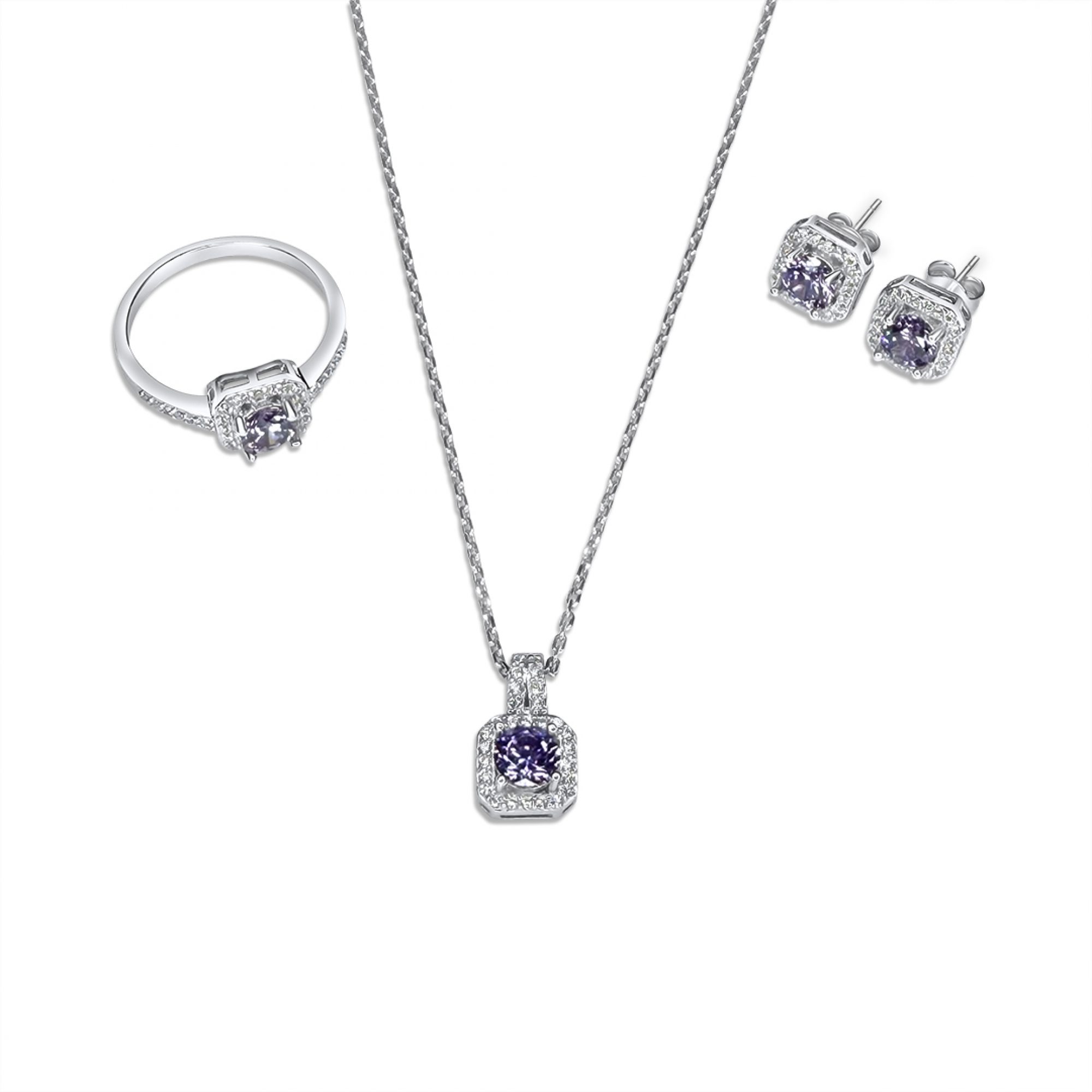Σετ κολιέ, δαχτυλίδι και σκουλαρίκια καρφωτά με πέτρες ζιργκόν και αμέθυστο