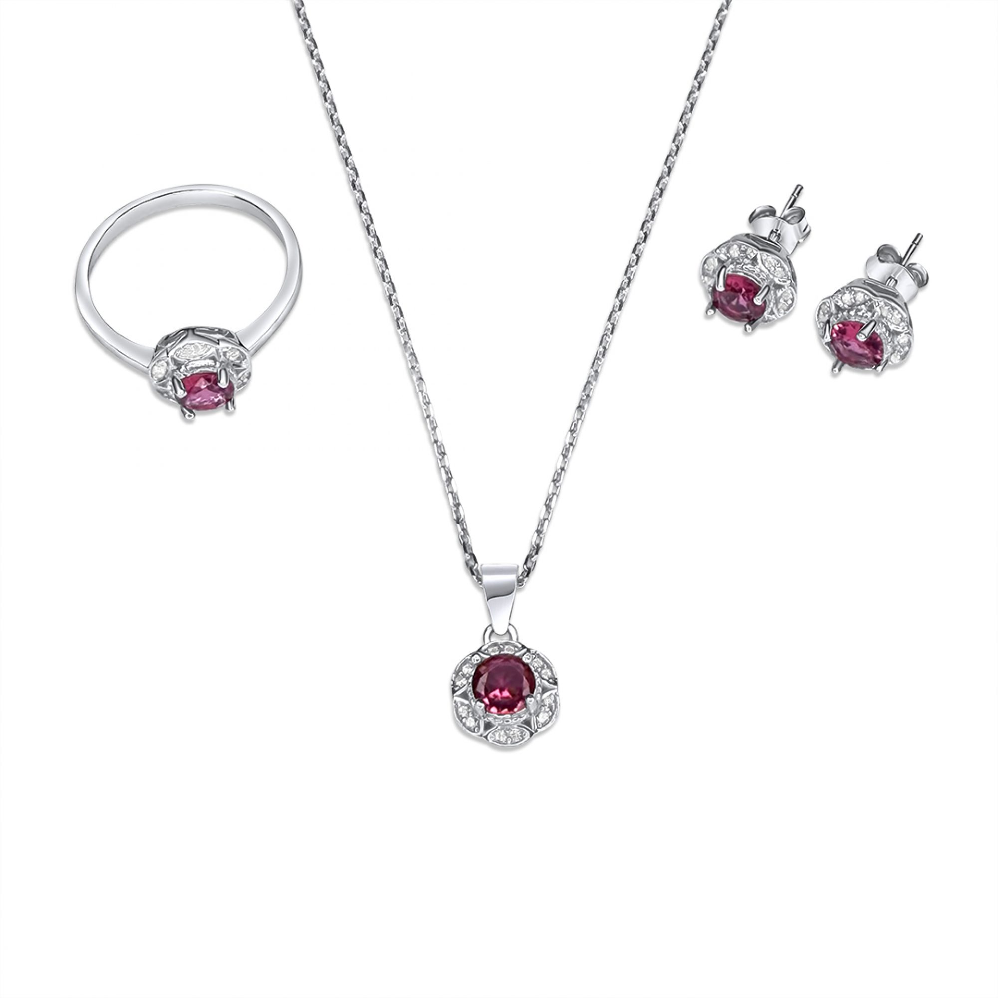 Σετ κολιέ, δαχτυλίδι και σκουλαρίκια καρφωτά με πέτρες ζιργκόν και ρουμπίνι