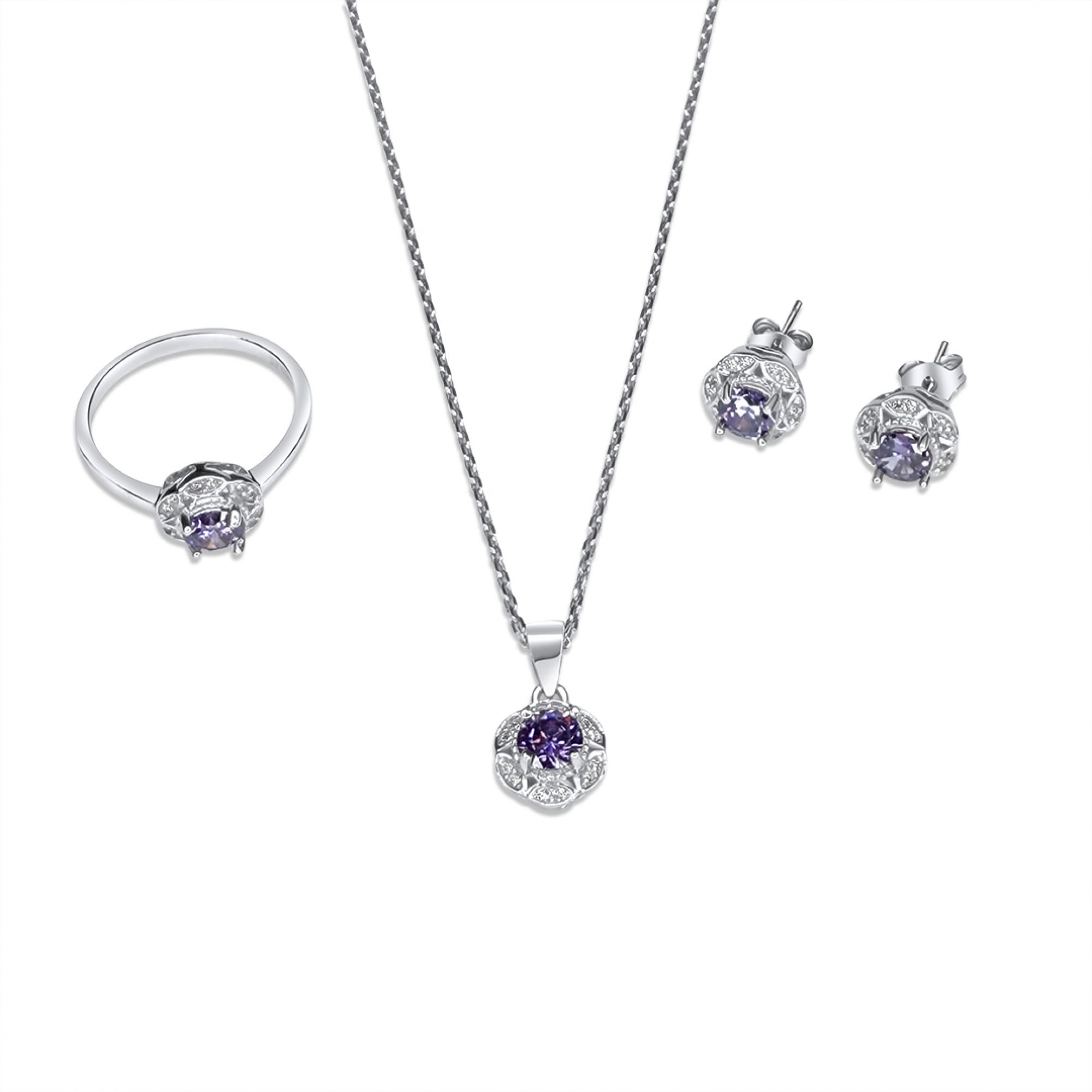 Σετ κολιέ, δαχτυλίδι και σκουλαρίκια καρφωτά με πέτρες ζιργκόν και αμέθυστο