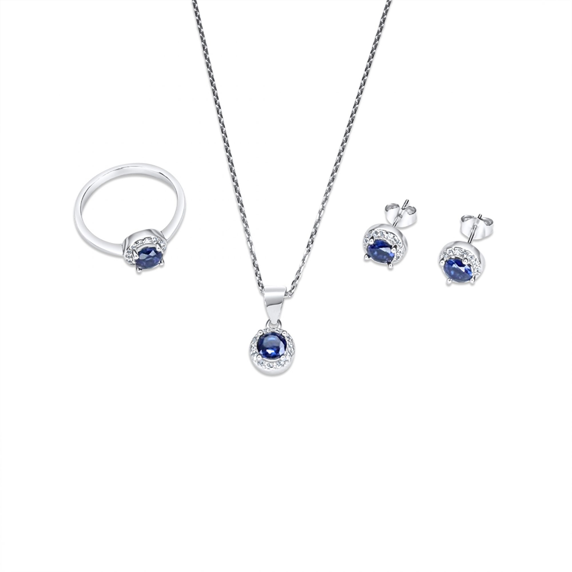 Σετ κολιέ, δαχτυλίδι και σκουλαρίκια καρφωτά με πέτρες ζιργκόν και ζαφείρι