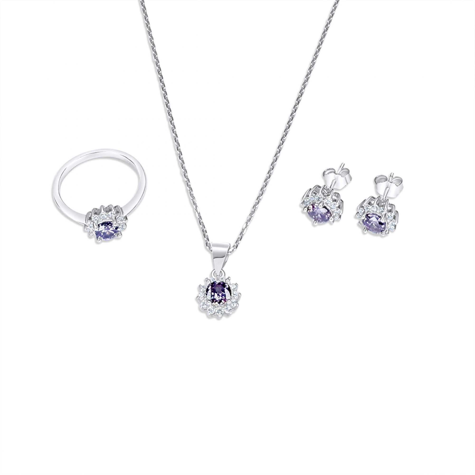 Σετ κολιέ, δαχτυλίδι και σκουλαρίκια καρφωτά με πέτρες ζιργκόν και αμέθυστο