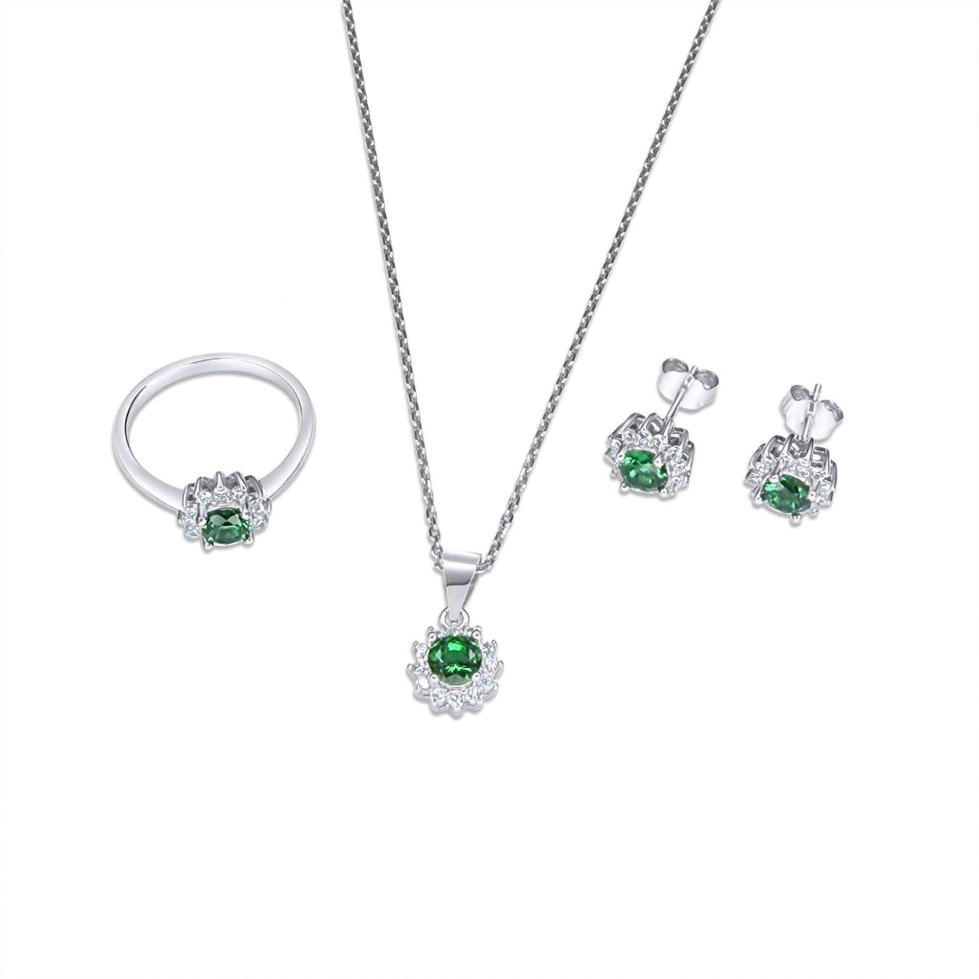 Σετ κολιέ, δαχτυλίδι και σκουλαρίκια καρφωτά με πέτρες ζιργκόν και σμαράγδι