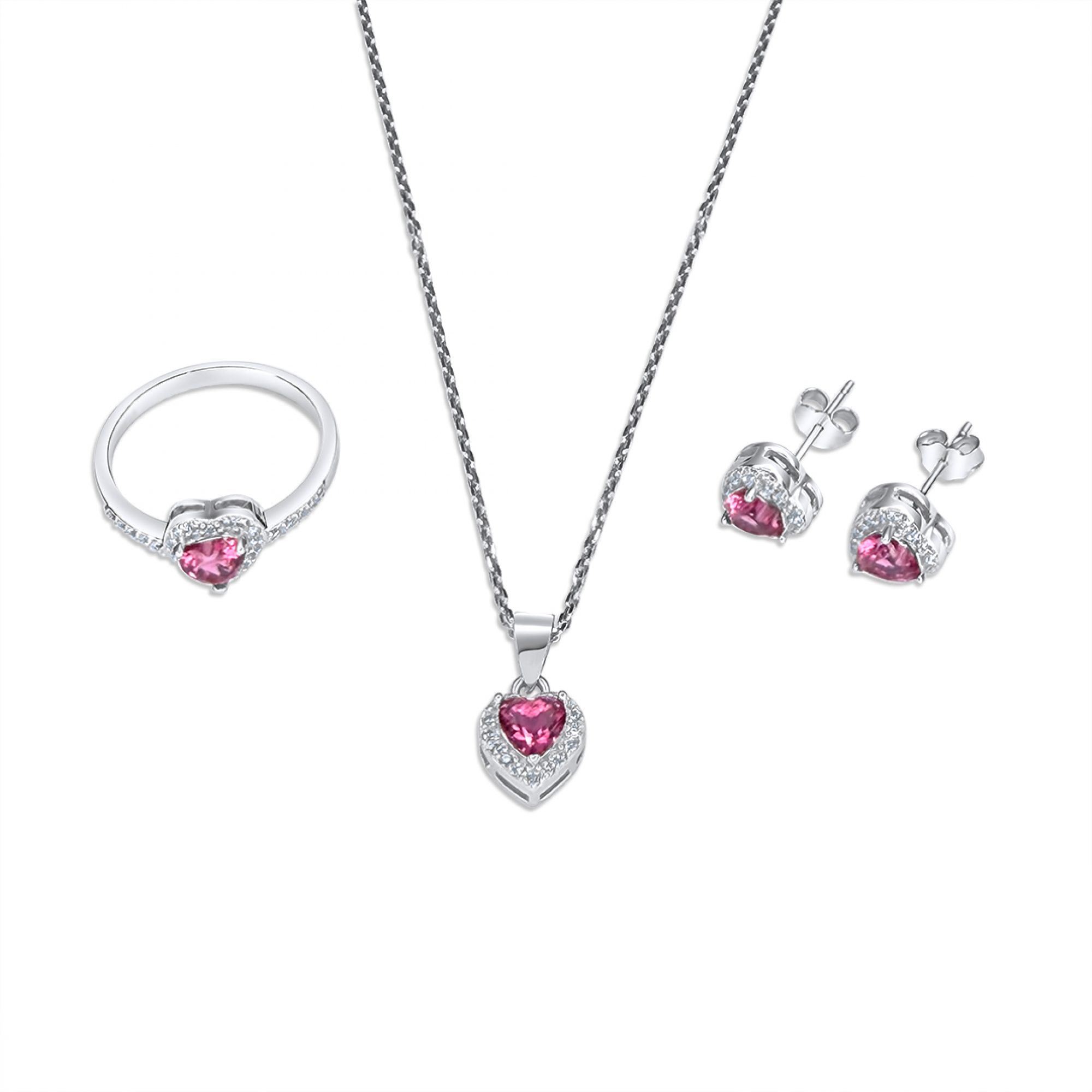 Σετ κολιέ, δαχτυλίδι και σκουλαρίκια καρφωτά με πέτρες ζιργκόν και ρουμπίνι
