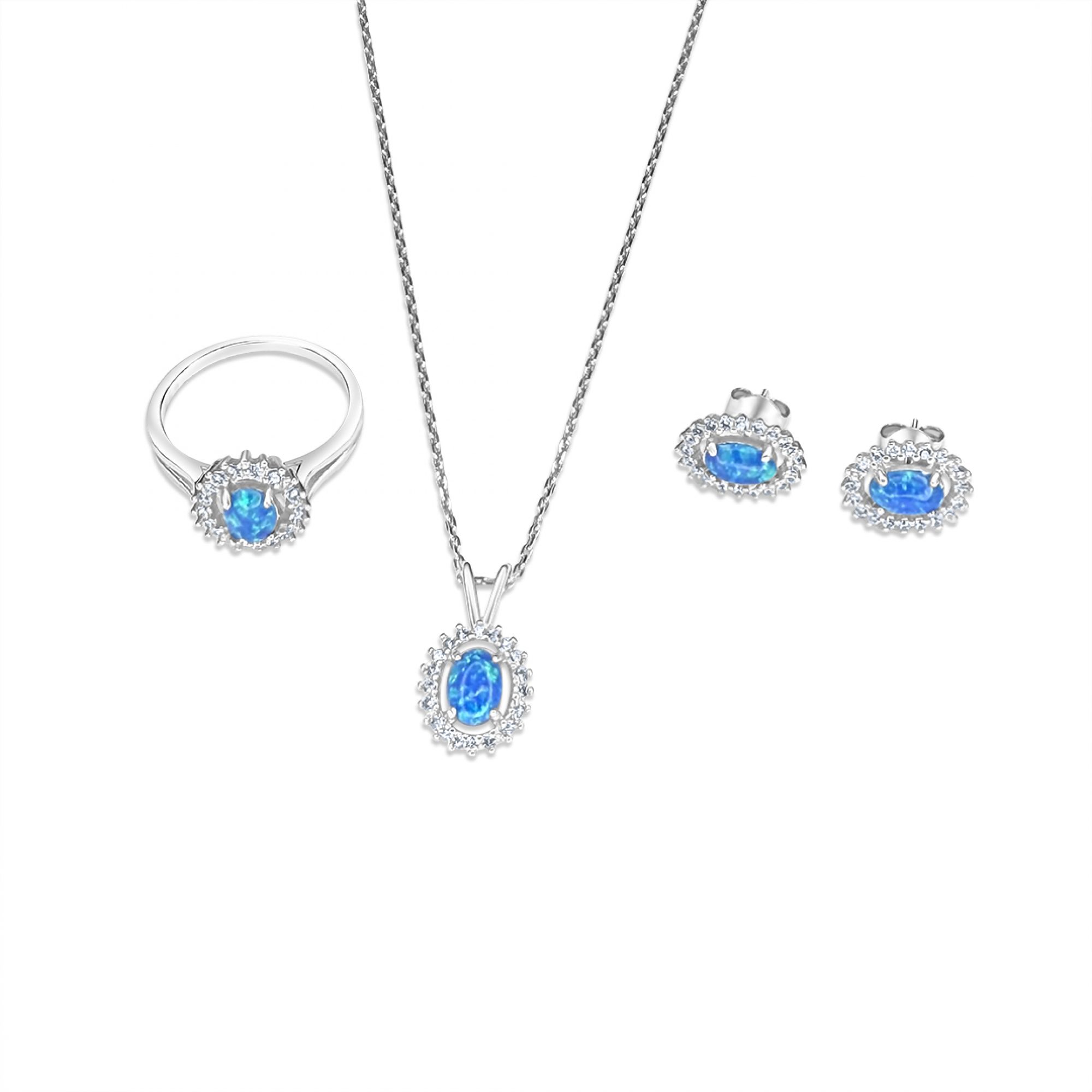 Σετ κολιέ, δαχτυλίδι και σκουλαρίκια καρφωτά με πέτρες ζιργκόν και όπαλ