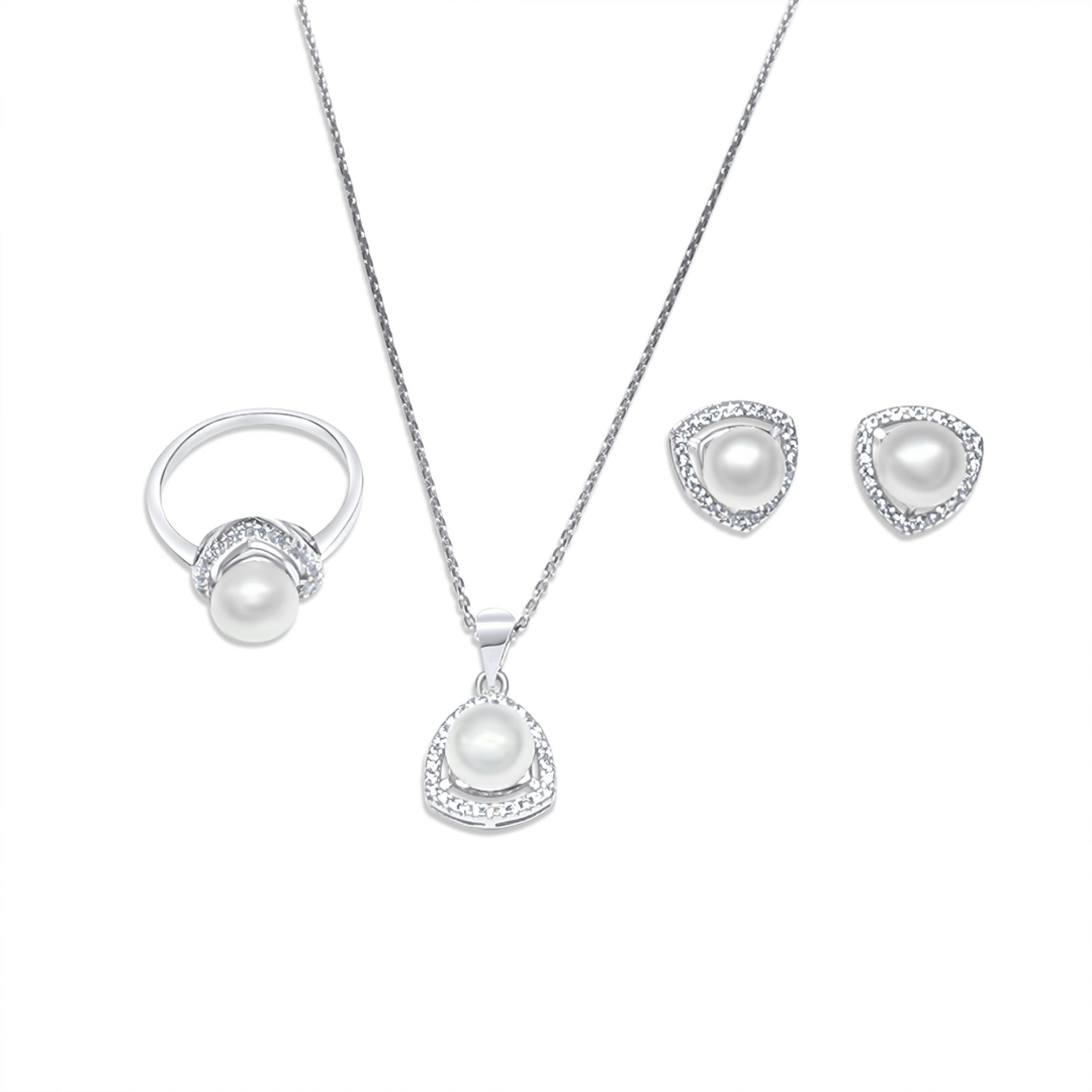 Σετ κολιέ, δαχτυλίδι και σκουλαρίκια καρφωτά με πέτρες ζιργκόν και μαργαριτάρι