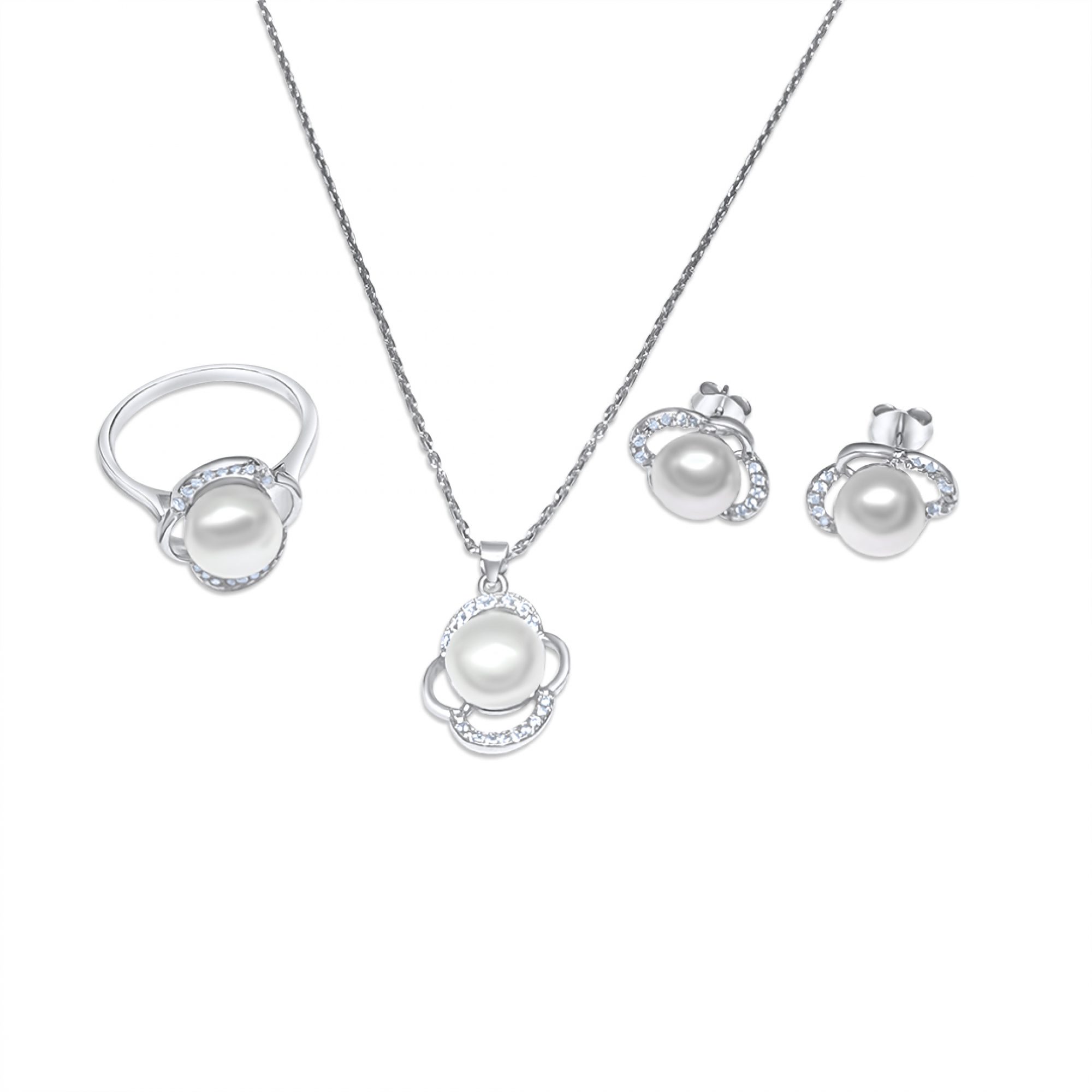 Σετ κολιέ, δαχτυλίδι και σκουλαρίκια καρφωτά με πέτρες ζιργκόν και μαργαριτάρι
