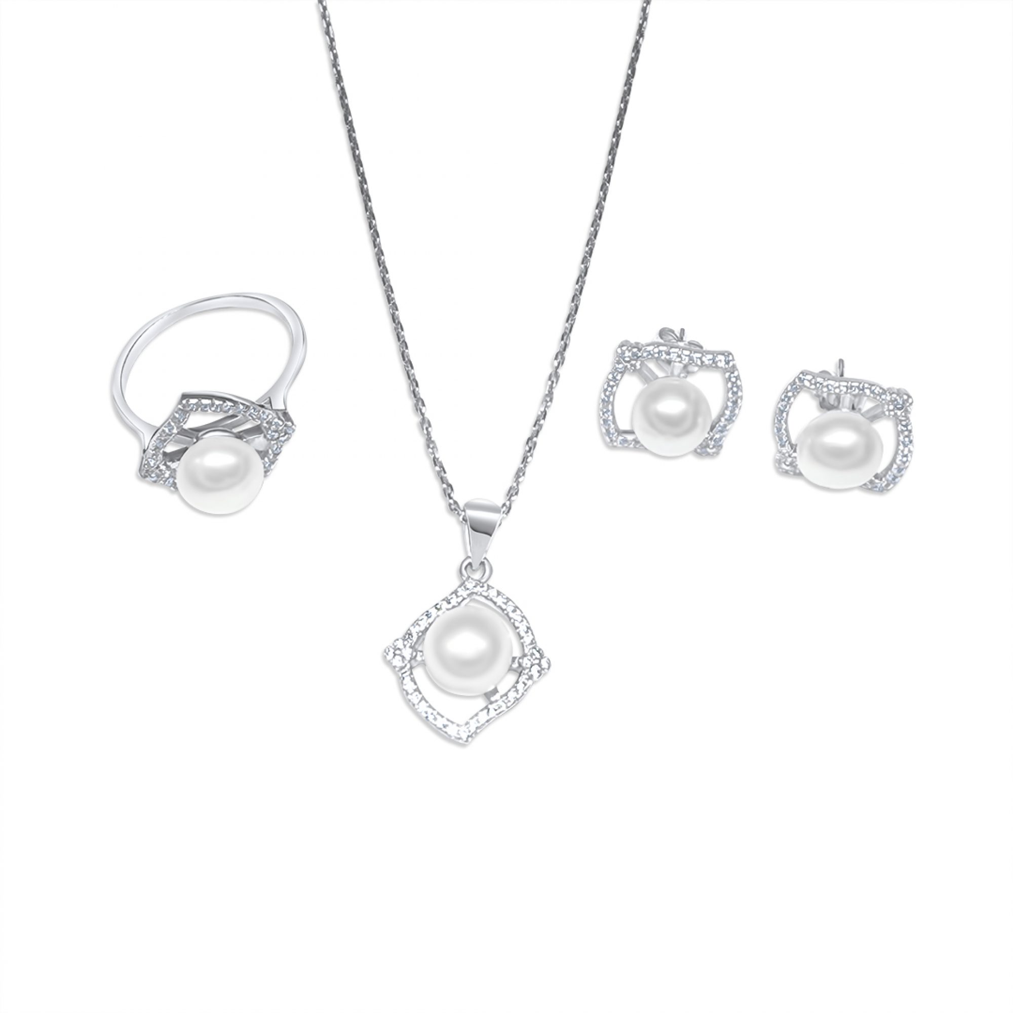 Σετ κολιέ, δαχτυλίδι και σκουλαρίκια καρφωτά με πέτρες ζιργκόν και μαργαριτάρι