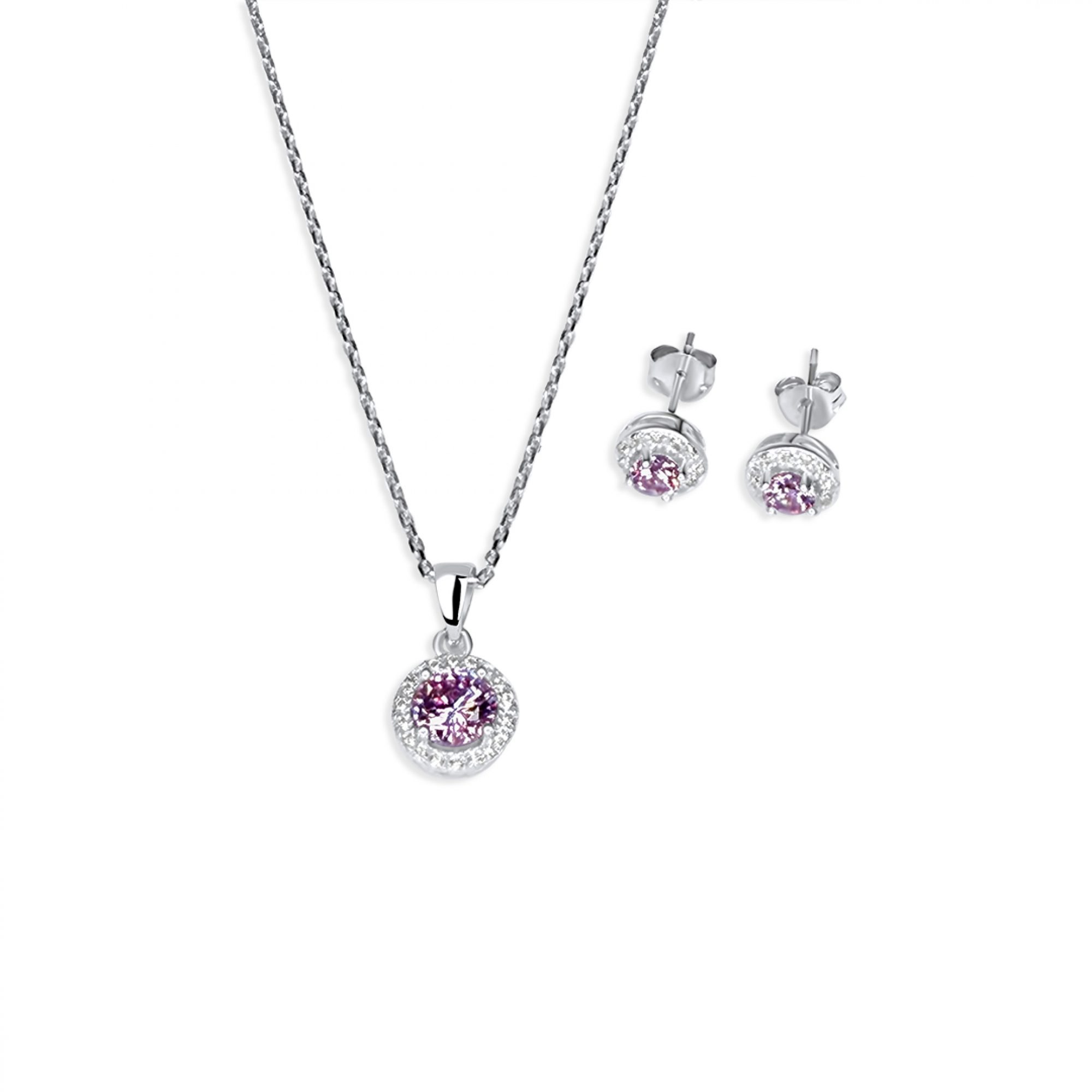 Σετ κολιέ και σκουλαρίκια καρφωτά με πέτρες ζιργκόν και ροζ κουάρτζ