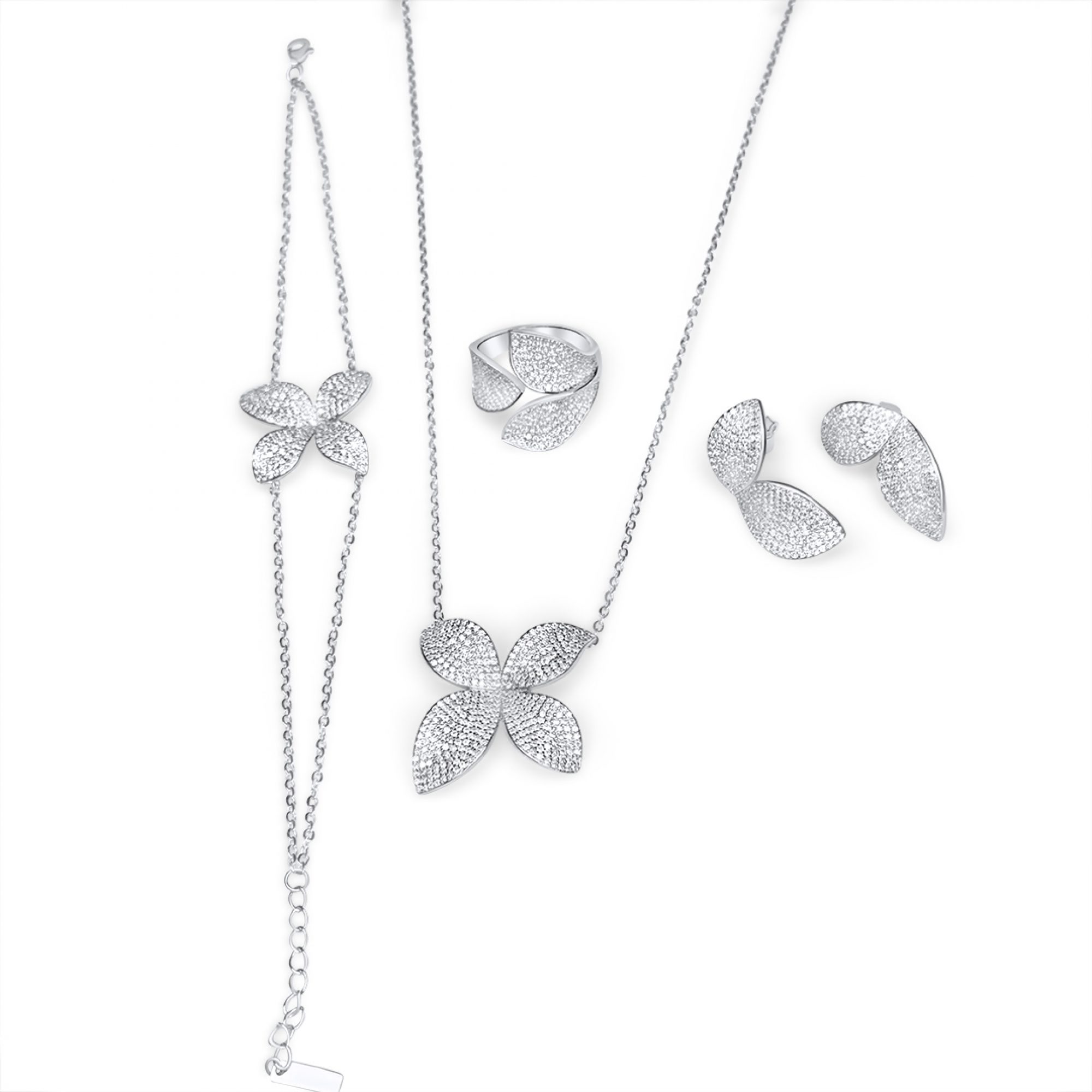 Σετ κολιέ, βραχιόλι, δαχτυλίδι και σκουλαρίκια καρφωτά με πέτρες ζιργκόν