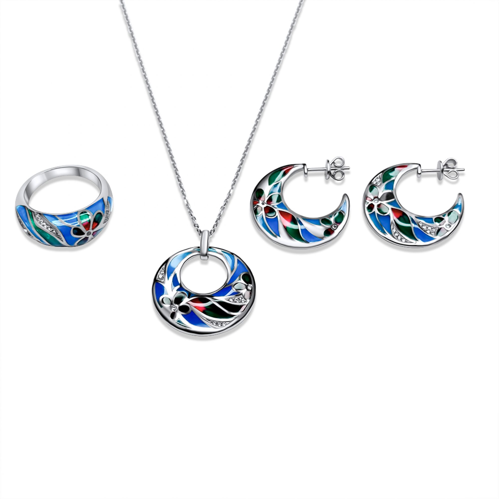 Σετ κολιέ, δαχτυλίδι και σκουλαρίκια κρεμαστά με σμάλτο και πέτρες ζιργκόν 