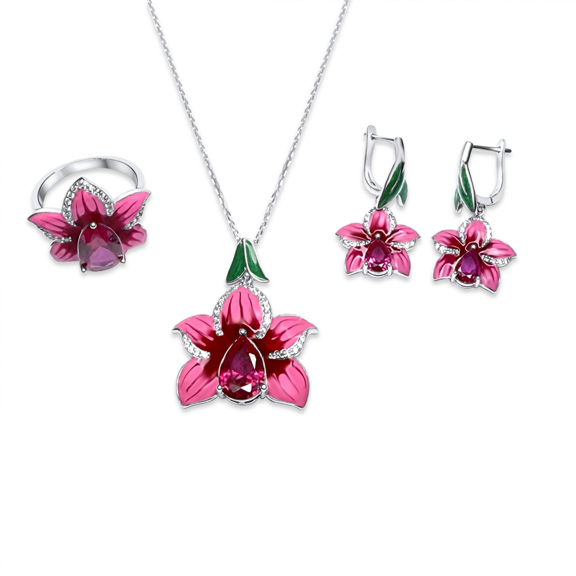 Σετ κολιέ, δαχτυλίδι και σκουλαρίκια κρεμαστά με σμάλτο και πέτρες ρουμπίνι και ζιργκόν 