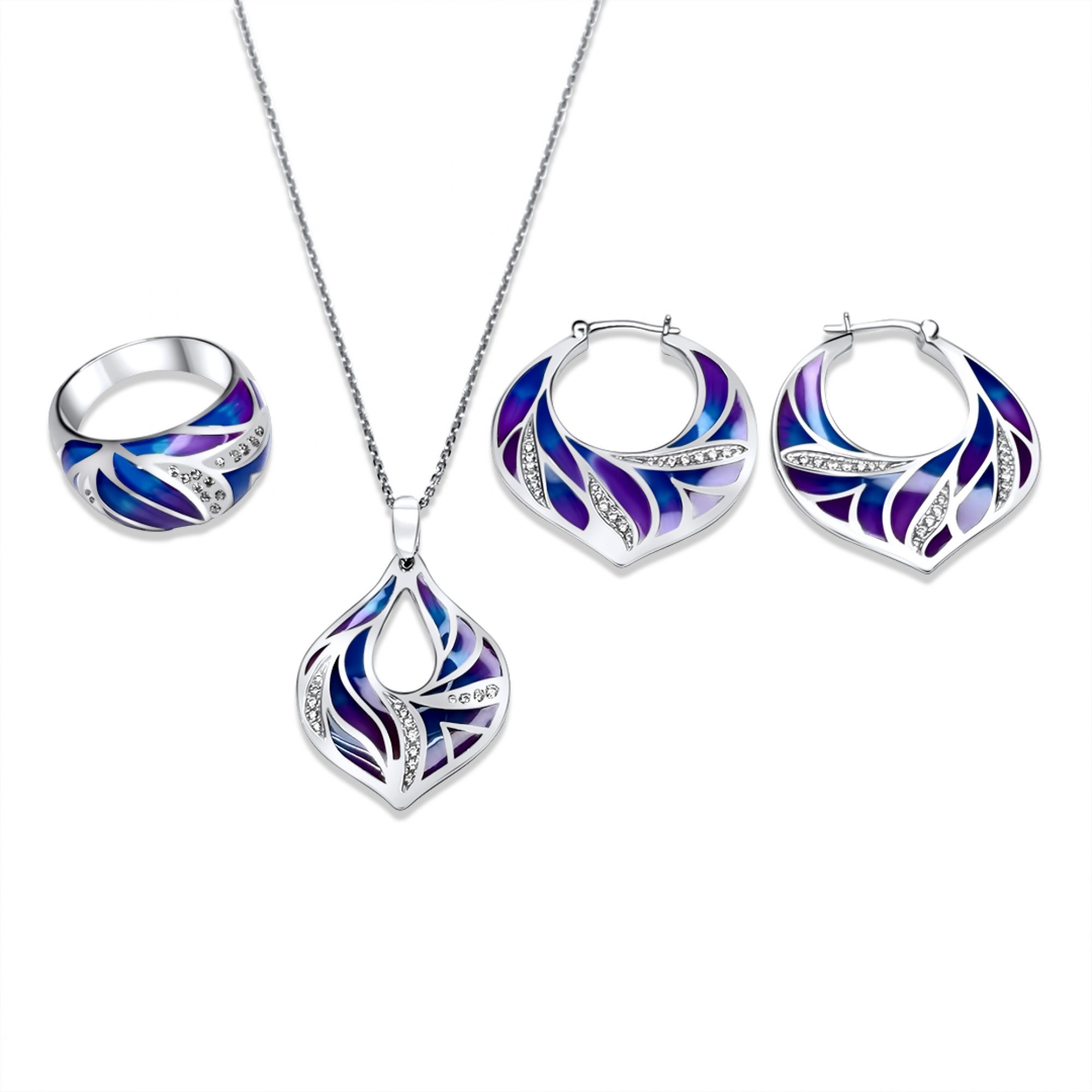 Σετ κολιέ, δαχτυλίδι και σκουλαρίκια κρεμαστά με σμάλτο και πέτρες ζιργκόν 