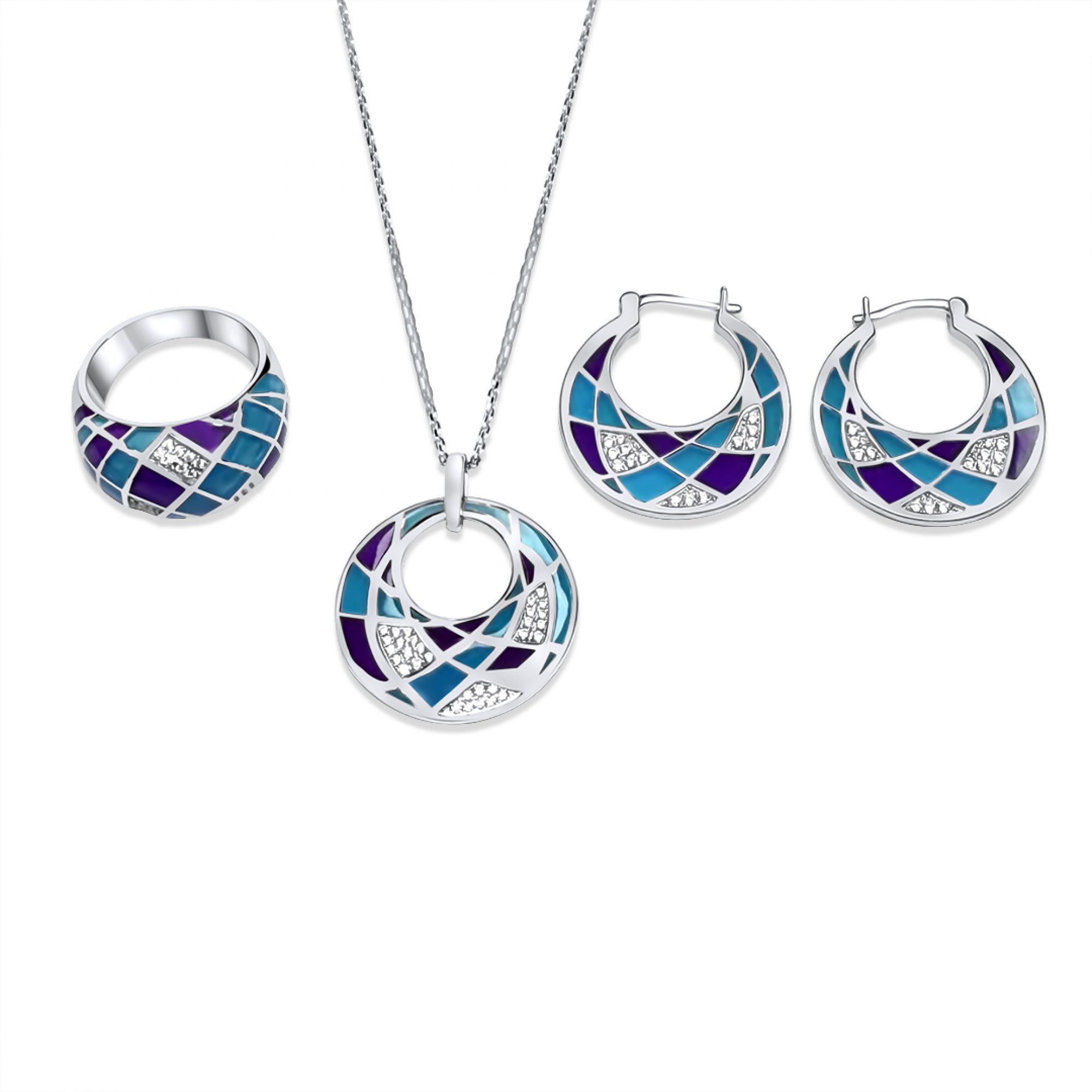 Σετ κολιέ, δαχτυλίδι και σκουλαρίκια κρεμαστά με σμάλτο και πέτρες ζιργκόν 