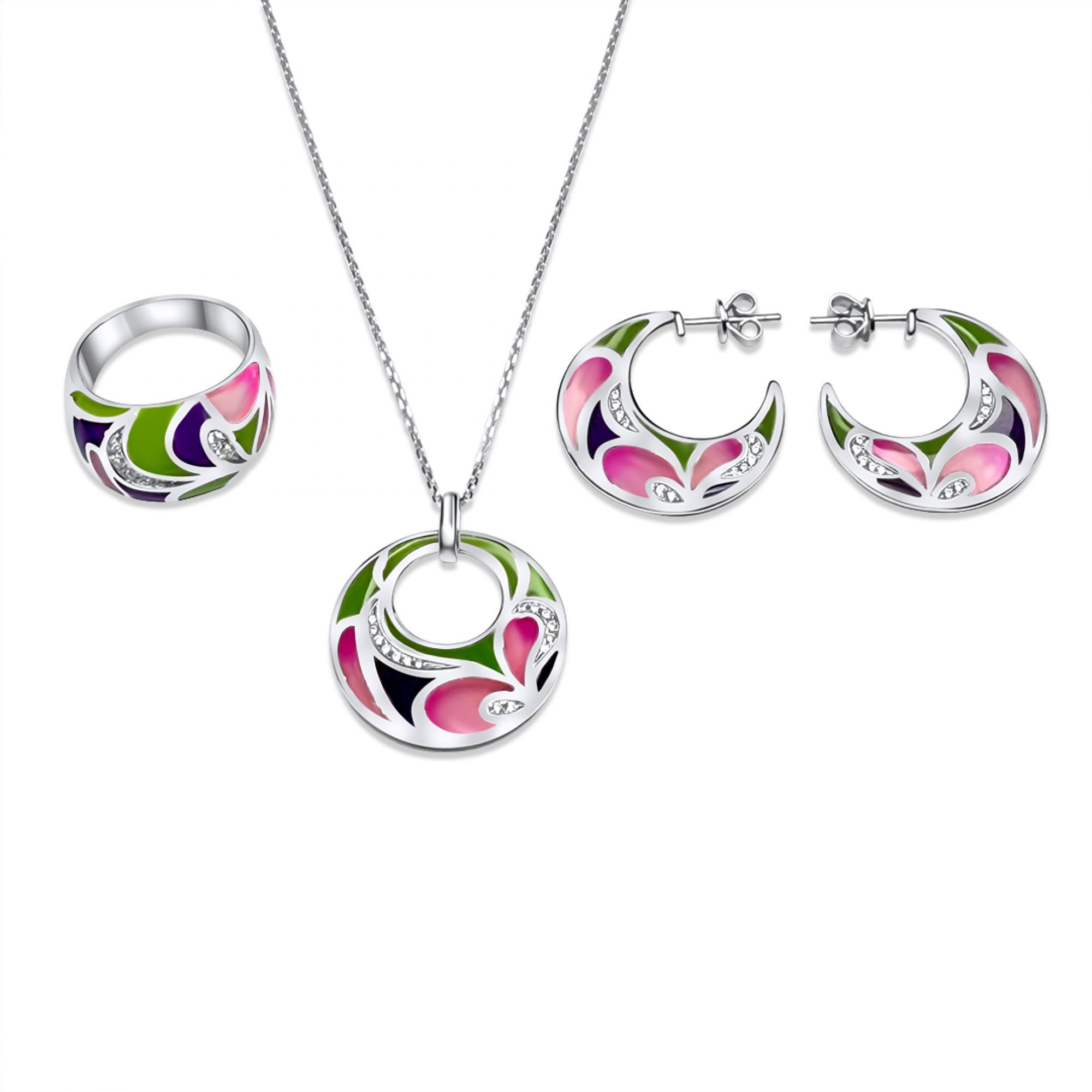 Σετ κολιέ, δαχτυλίδι και σκουλαρίκια κρεμαστά με σμάλτο και πέτρες ζιργκόν 