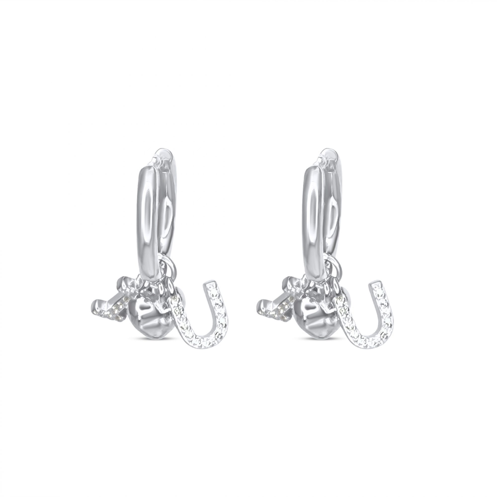 Silver earrings with dangles I, heart and U with zircon stones