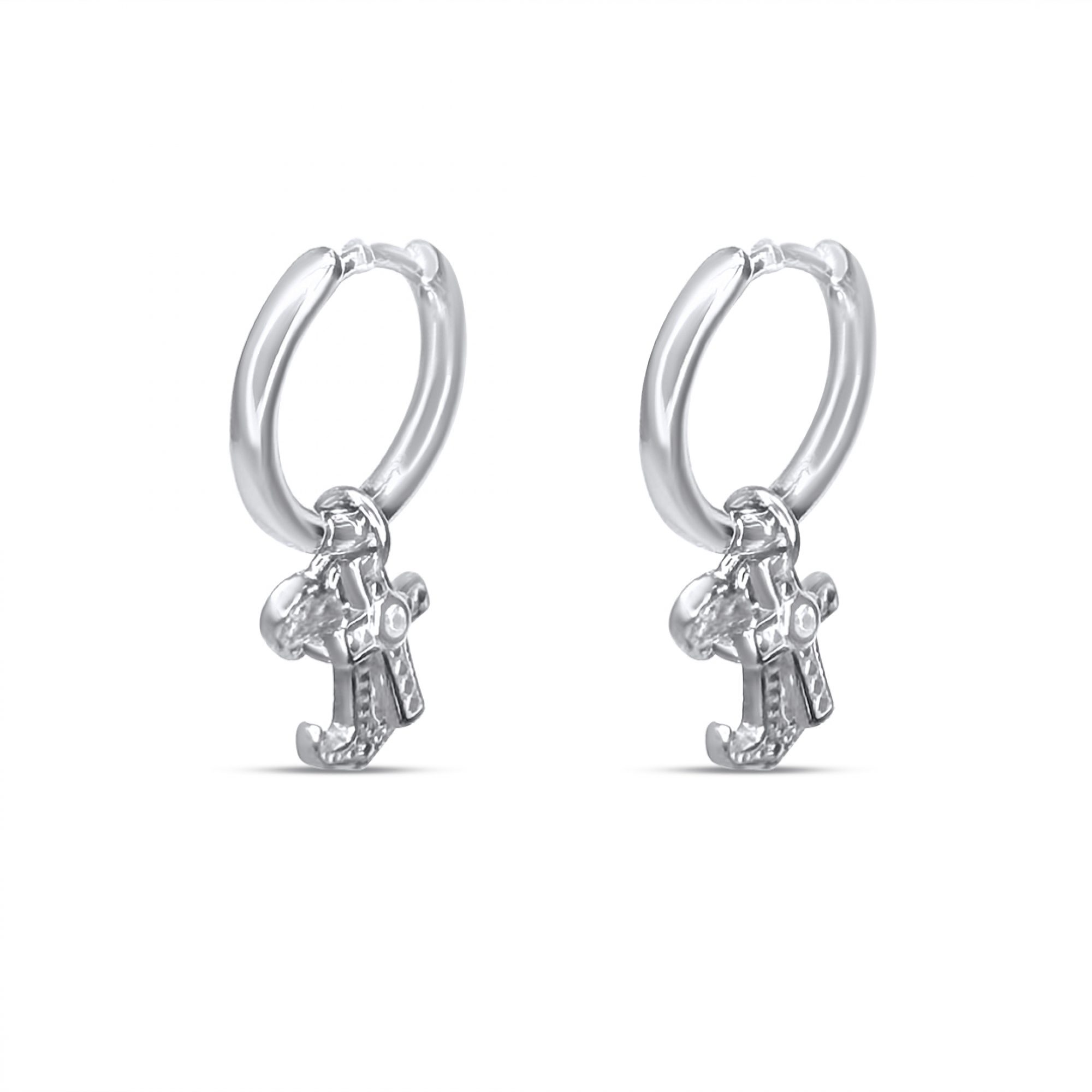 Silver earrings with dangles heart, cross and anchor with zircon stones