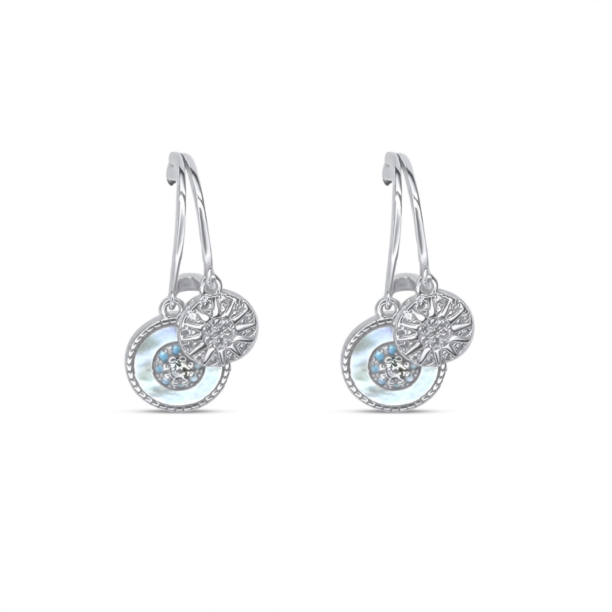 Silver earrings with dangles with mother of pearl and zircon stones