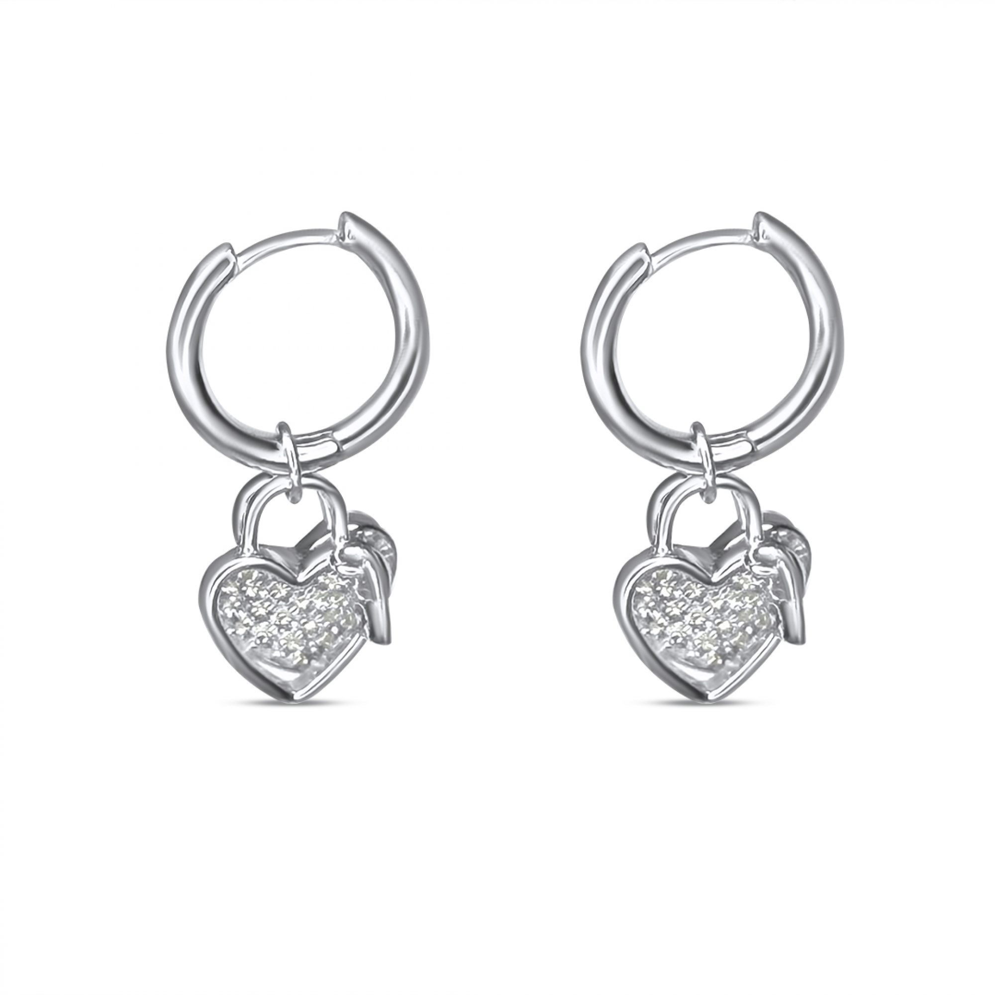 Silver earrings with dangles two hearts with zircon stones