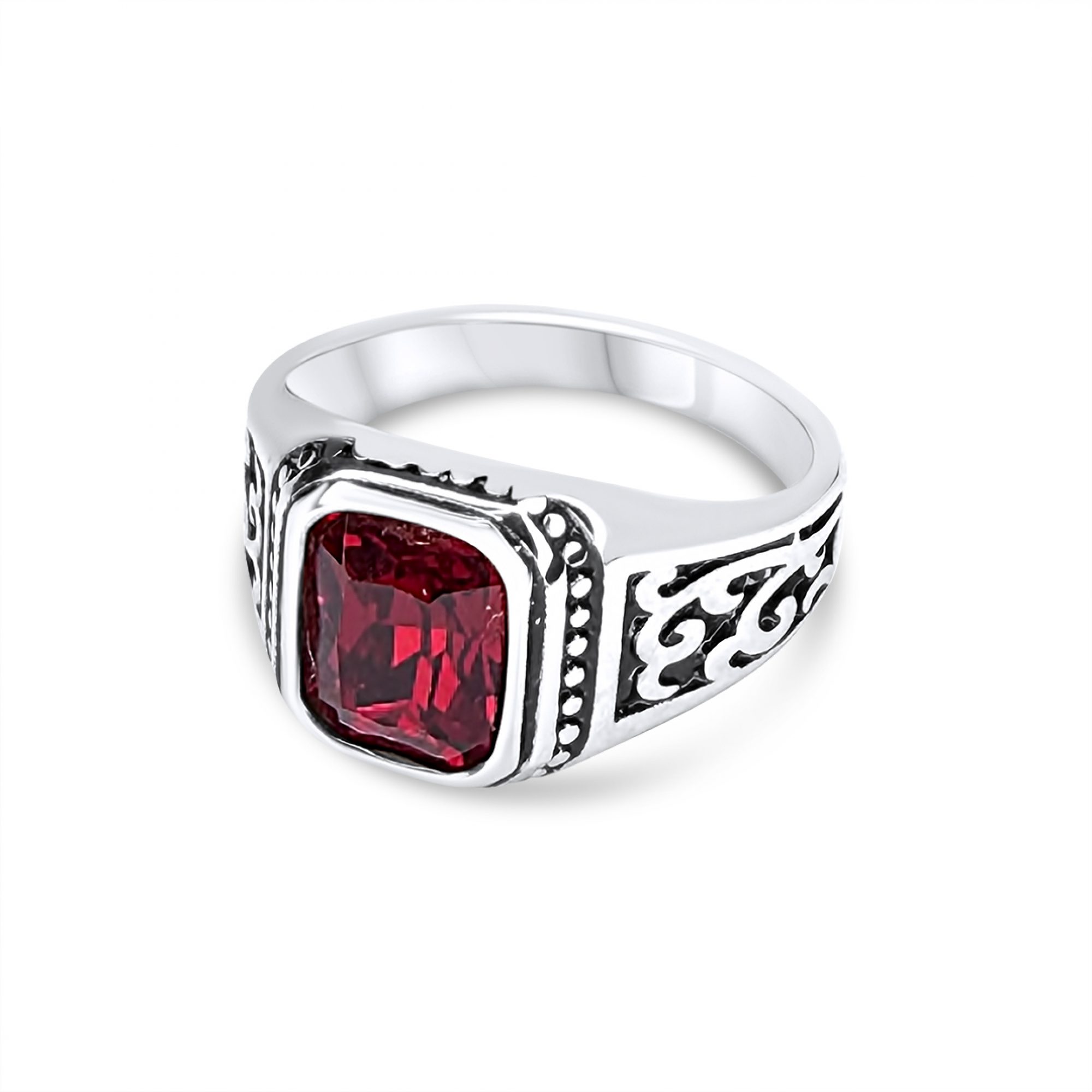 Steel ring with red stone