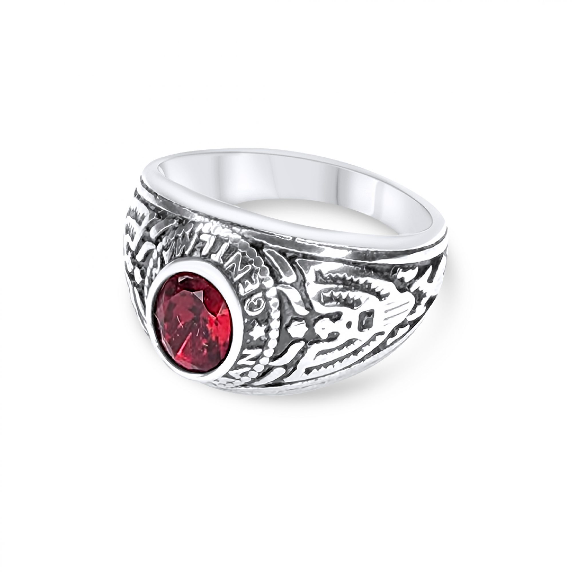 Steel ring with red stone
