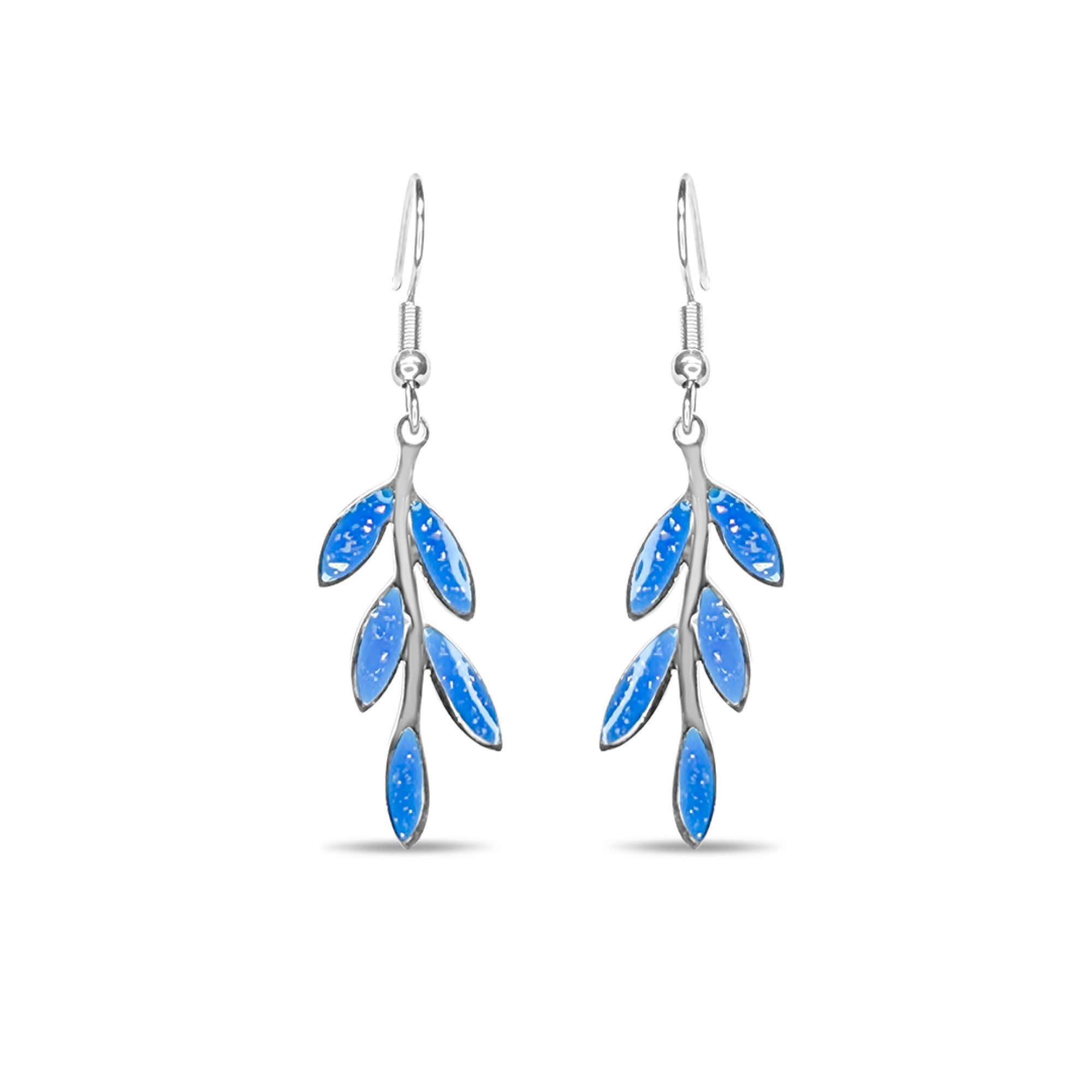Steel olive branch opal earrings
