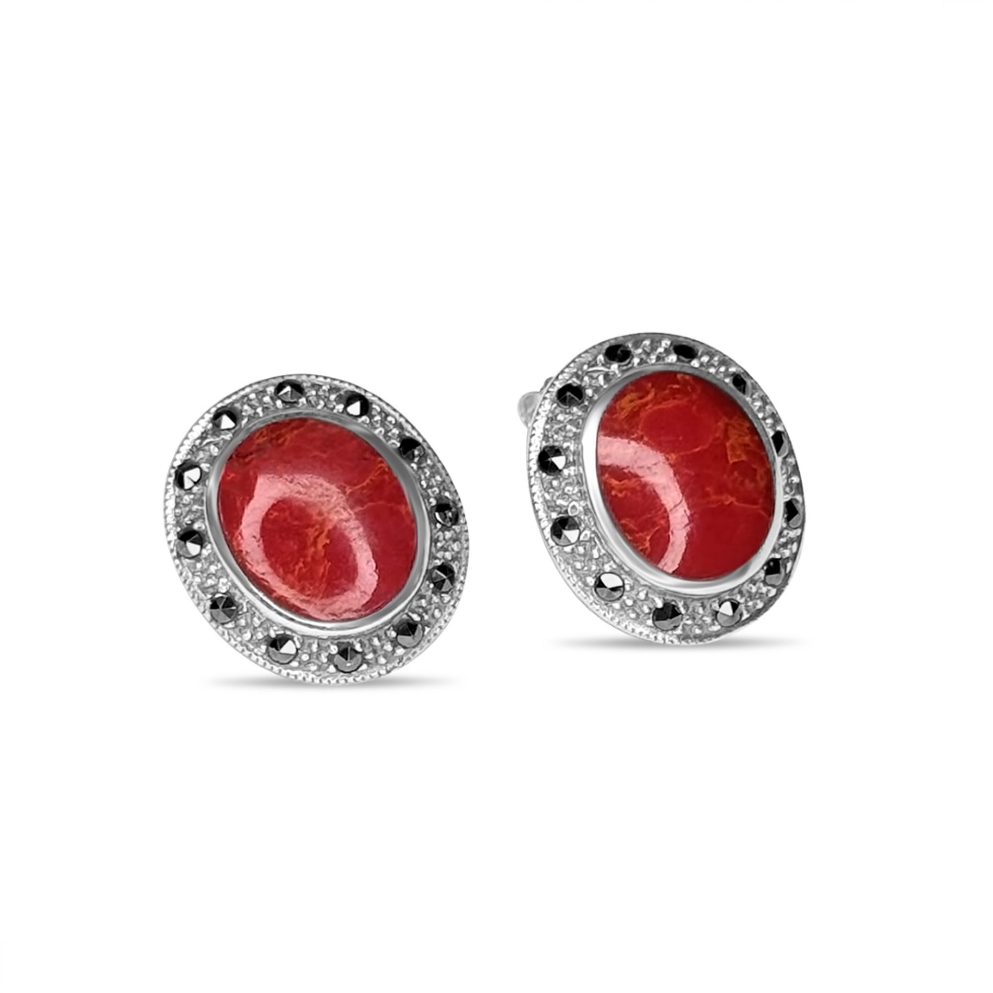 Stud marcasite earrings with coral stones