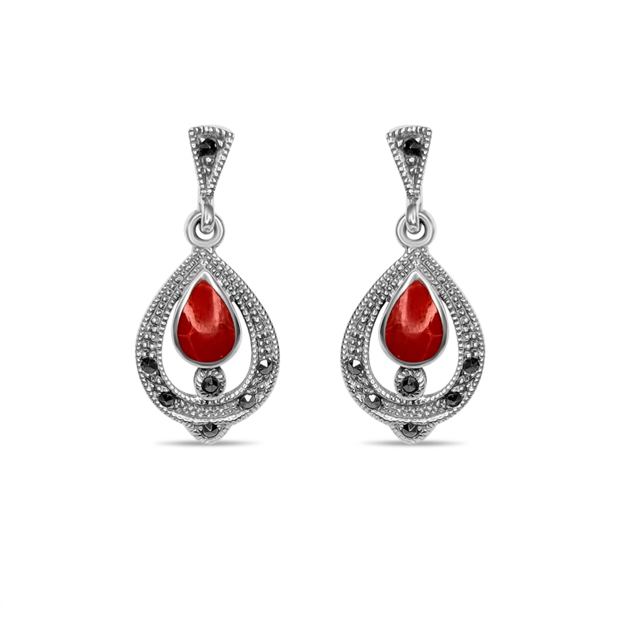 Dangle marcasite earrings with coral stones