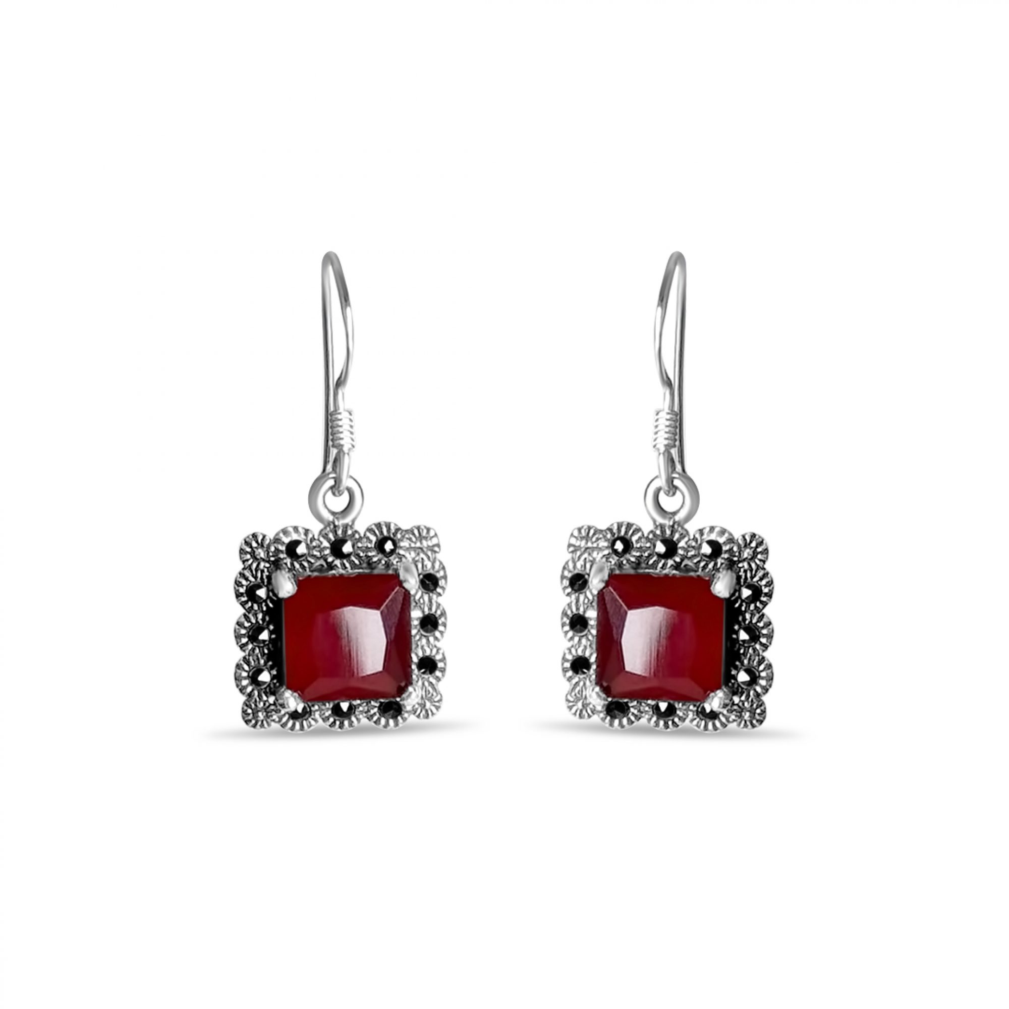 Dangle marcasite earrings with ruby stones