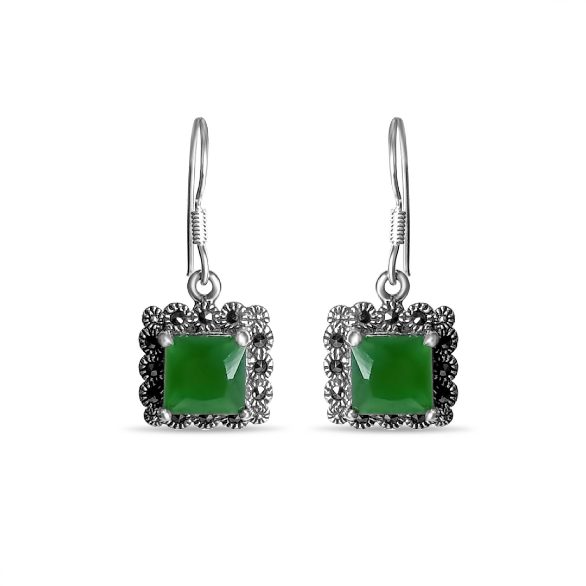 Dangle marcasite earrings with emerald stones