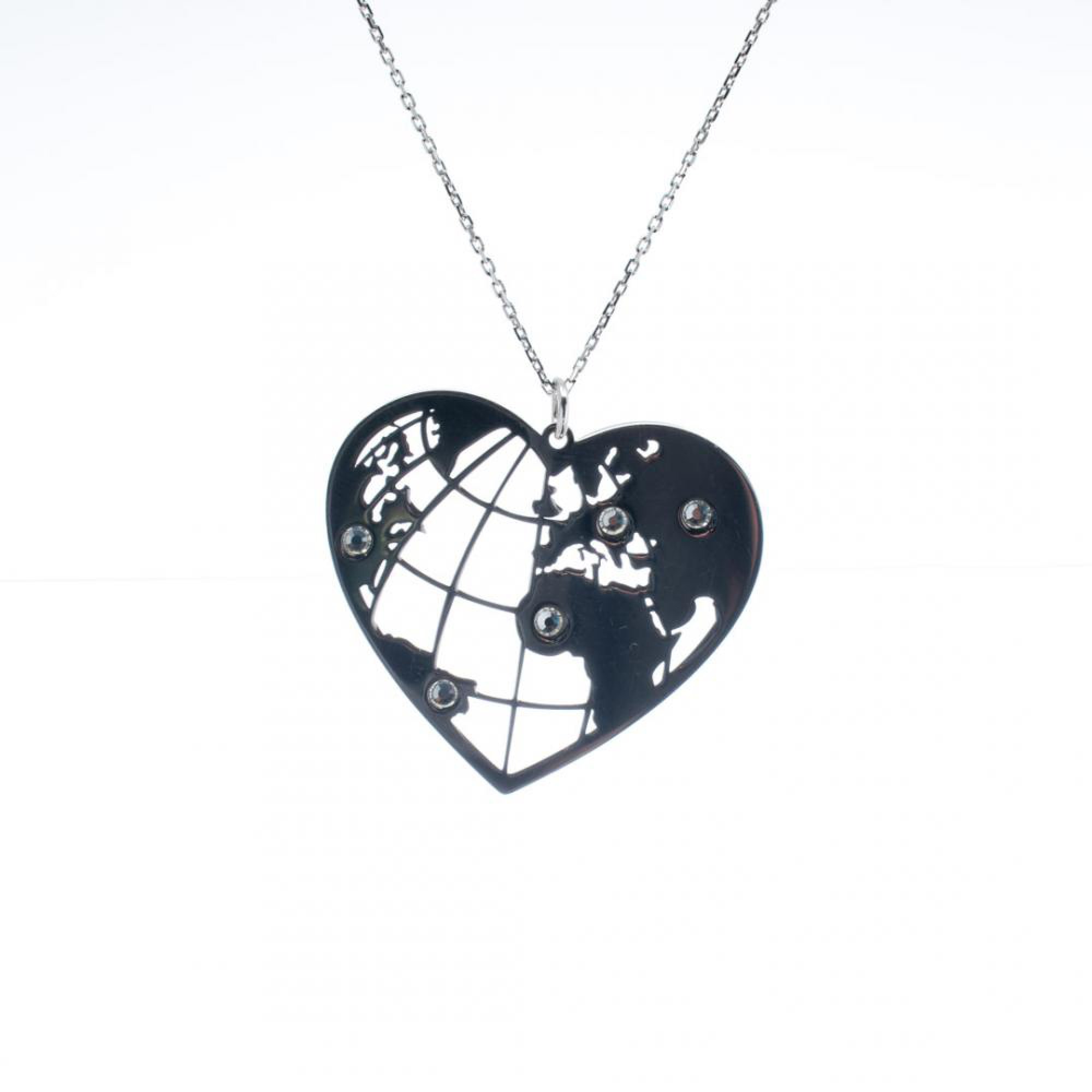 Heart shaped silver globe necklace with zircon stones