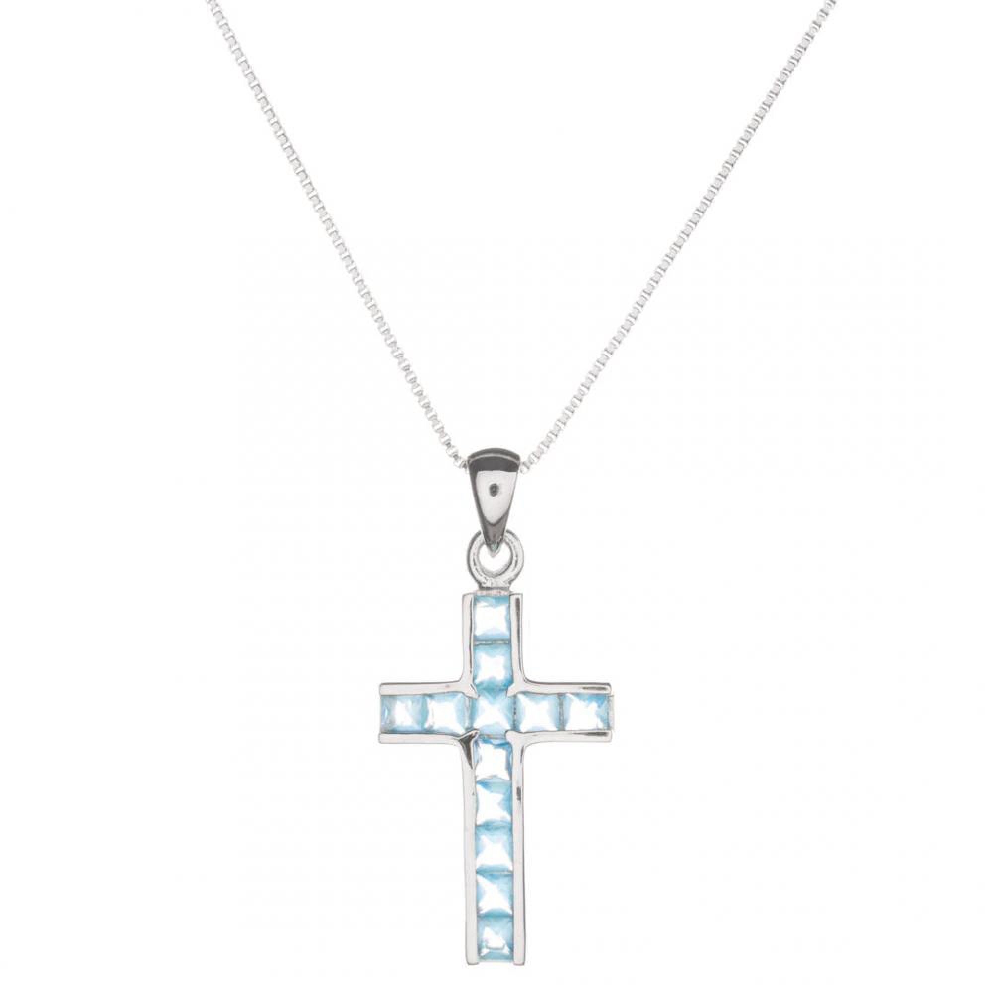 Cross necklace with aquamarine stones