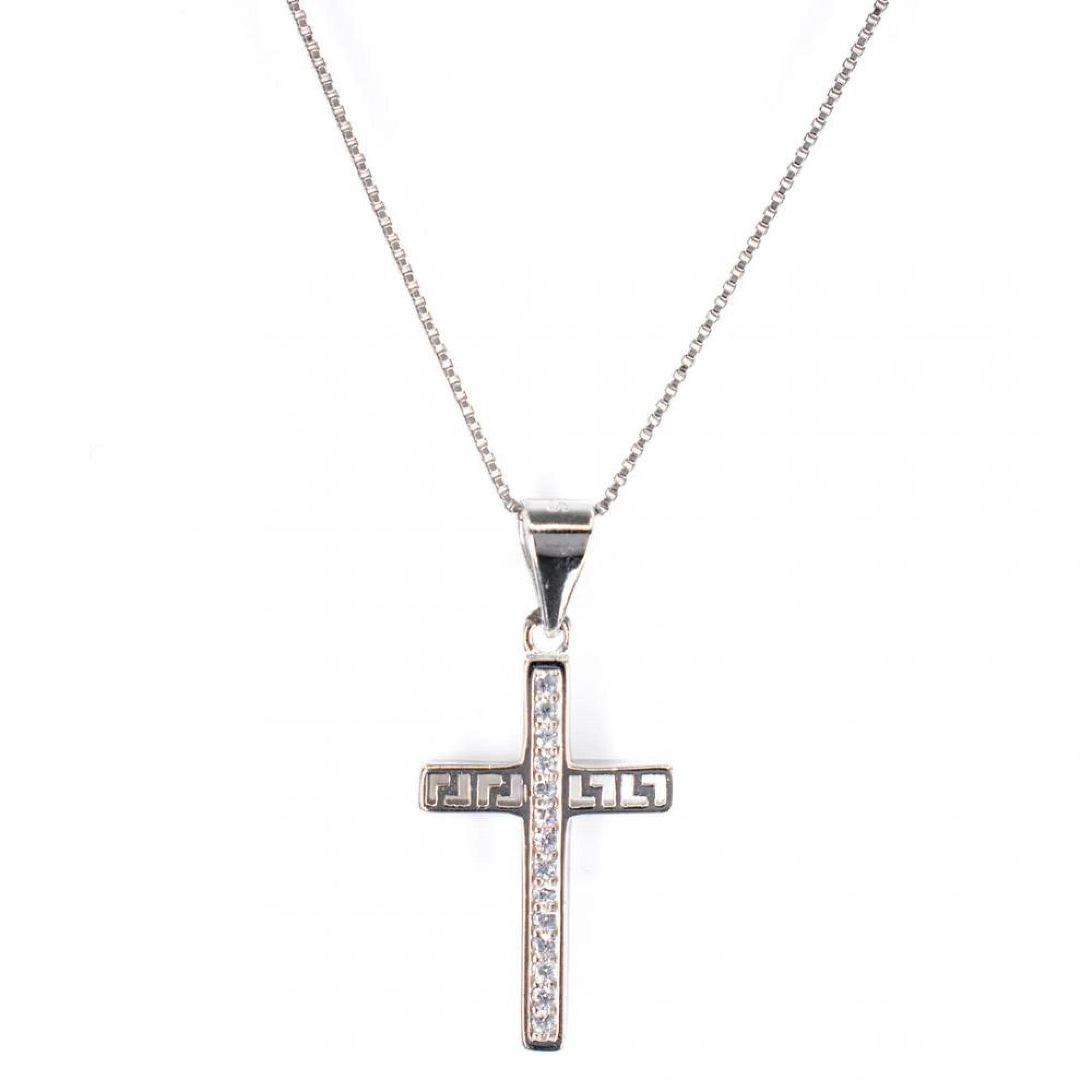 Cross necklace with zircon stones and meander
