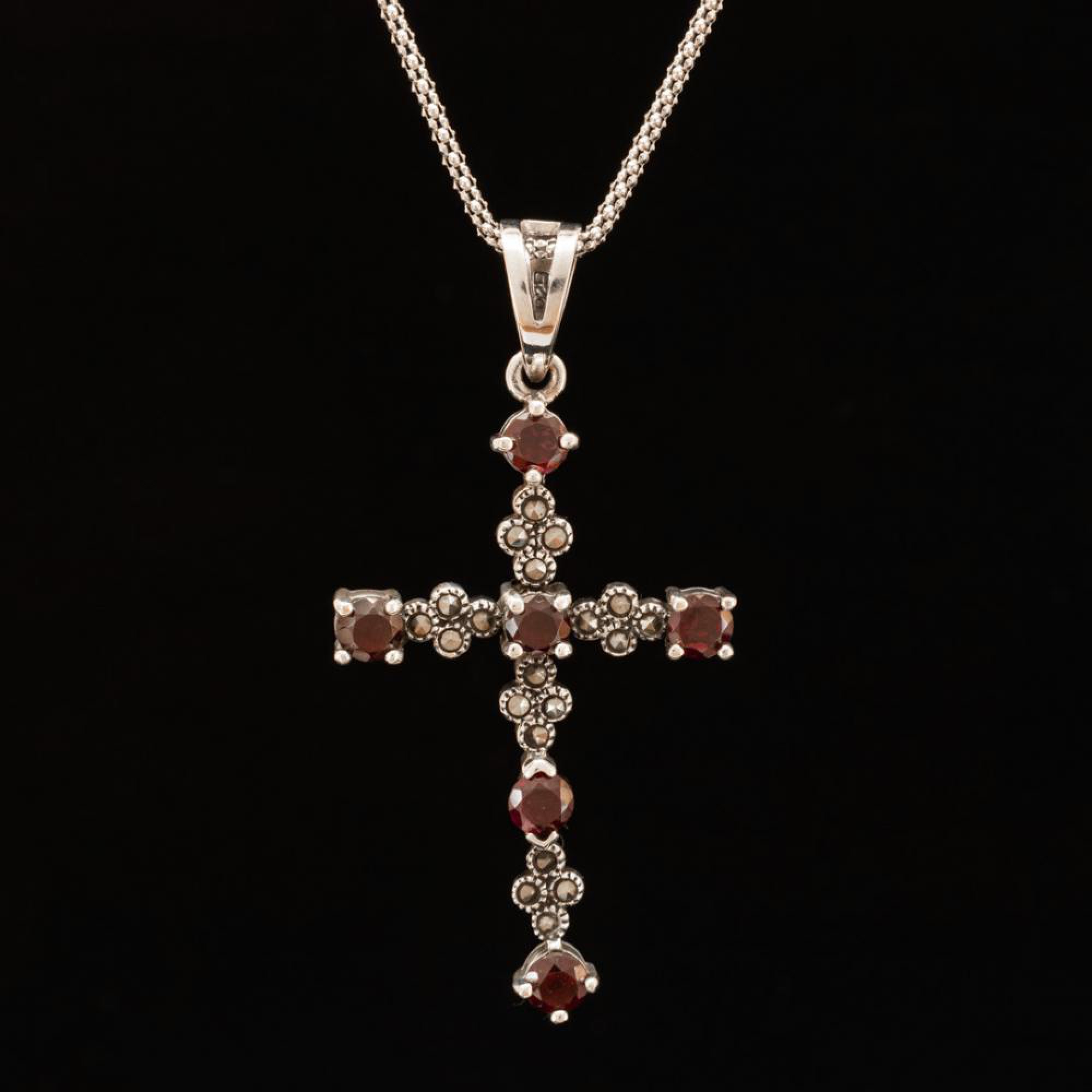Silver cross with garnet stones and marcasites