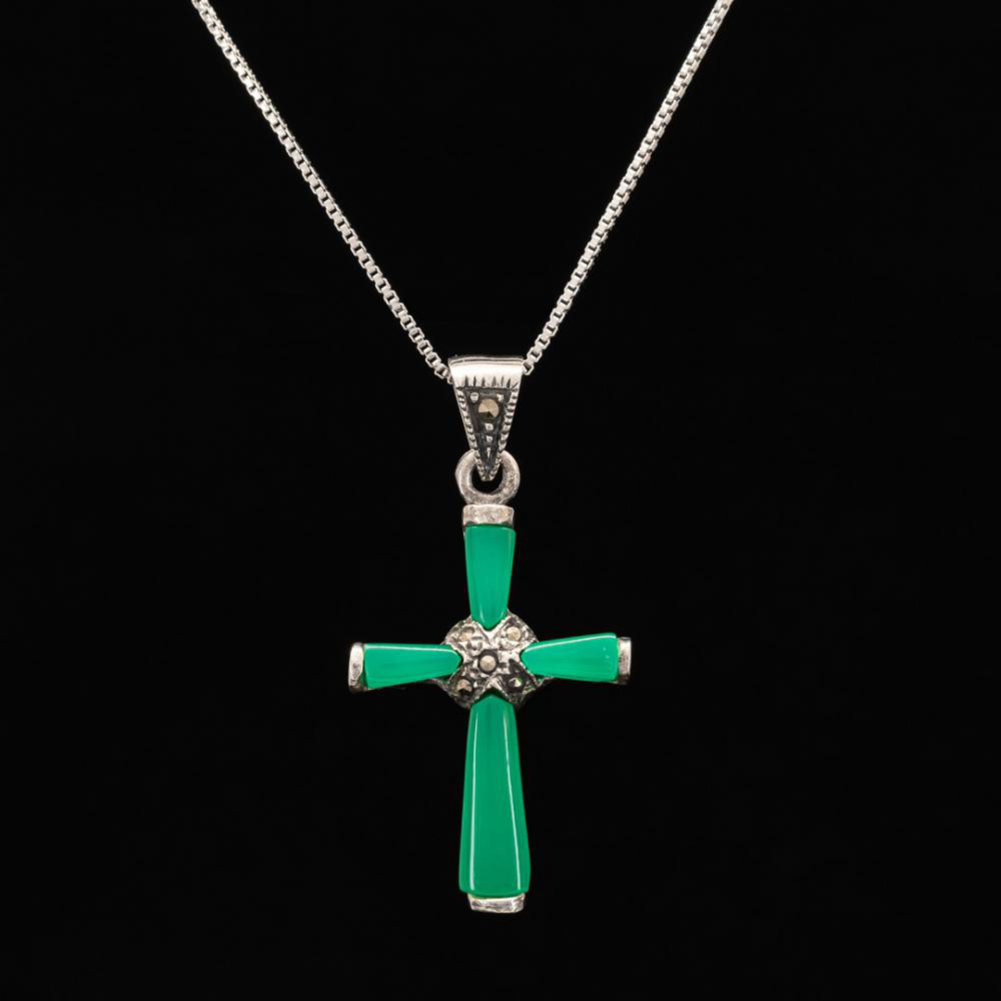 Silver cross with nephrite stone and marcasites