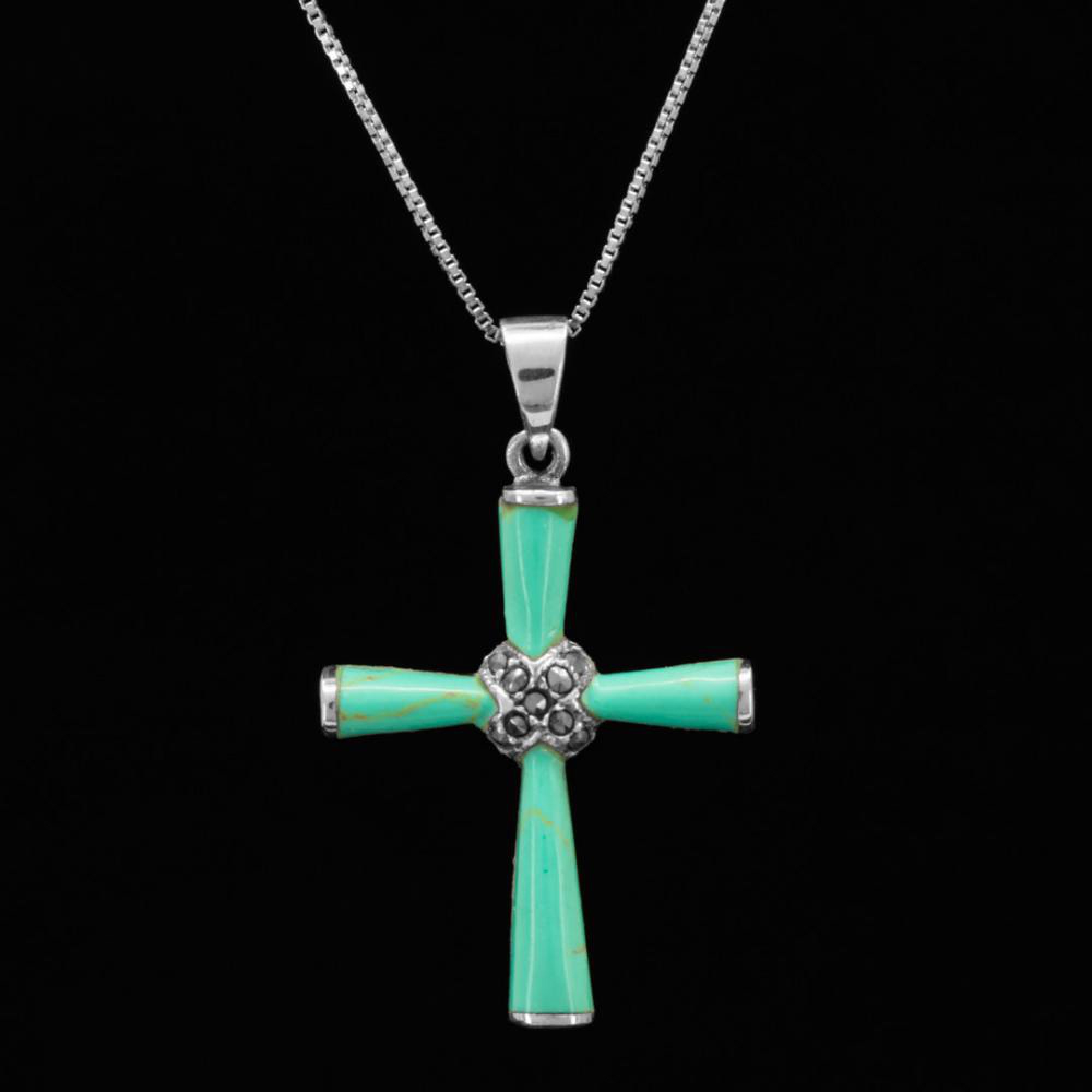 Silver cross with turquoise stones and marcasites