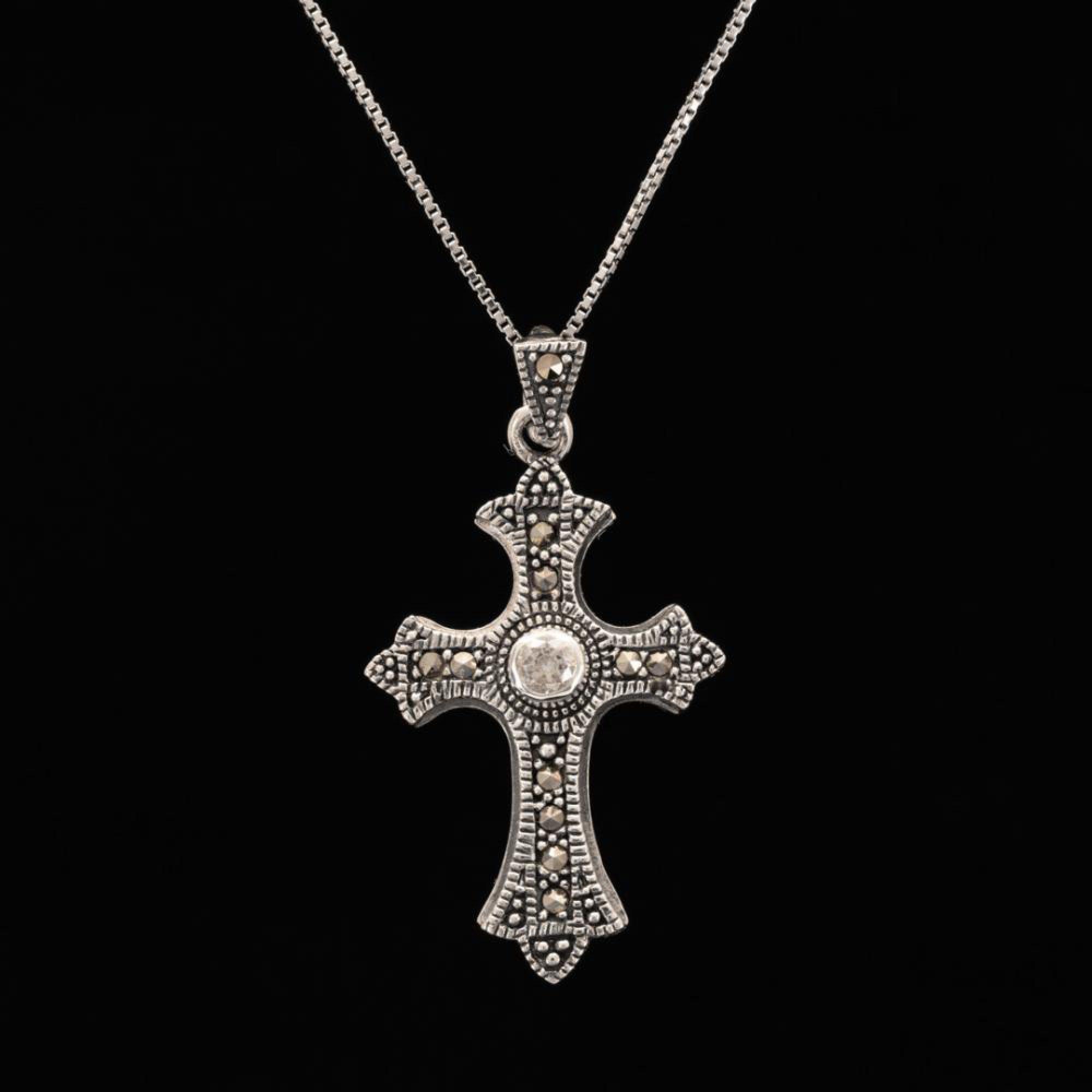 Silver cross with zircon stone and marcasites