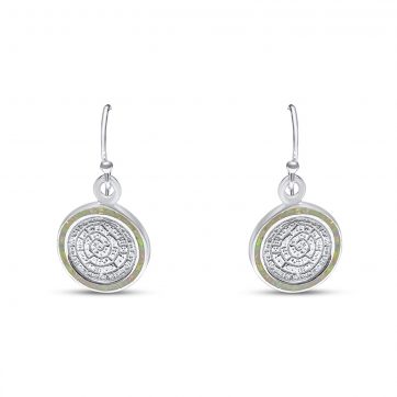 petsios Σκουλαρίκια δίσκος της Φαιστού κρεμαστά με λευκό όπαλ