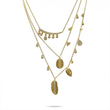 petsios Τριπλό κολιέ επίχρυσο με πέτρες ζιργκόν